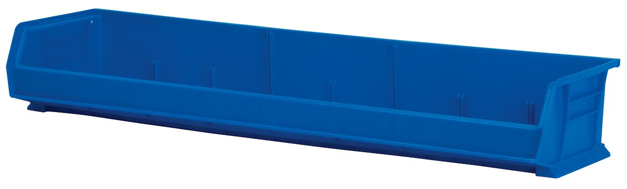 Akro-Mils 30320 AkroBins Plastic Storage Bins - 4-Pack Hanging Stackable Organizer Containers (9x33x5 Inches, Blue) - Perfect for Garage, Workshop, Warehouse & Retail Storage Organization