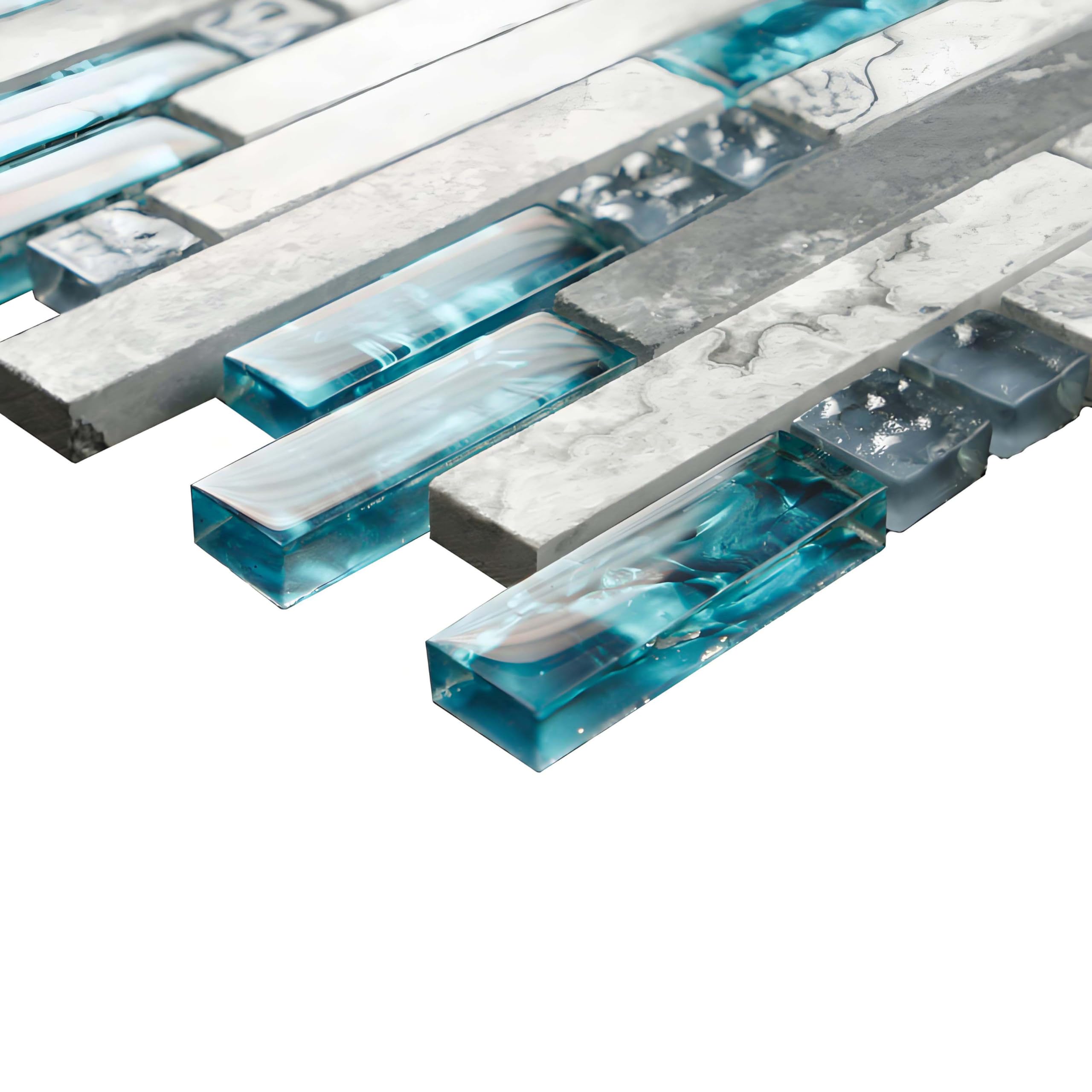 Teal Blue Crystal Glass and Gray Polished Marble Linear Mosaic Tile - 11 Sq Ft Interlocking Bathroom Wall Tiles, Kitchen Backsplash, Fireplace Decor for Modern Home Renovation