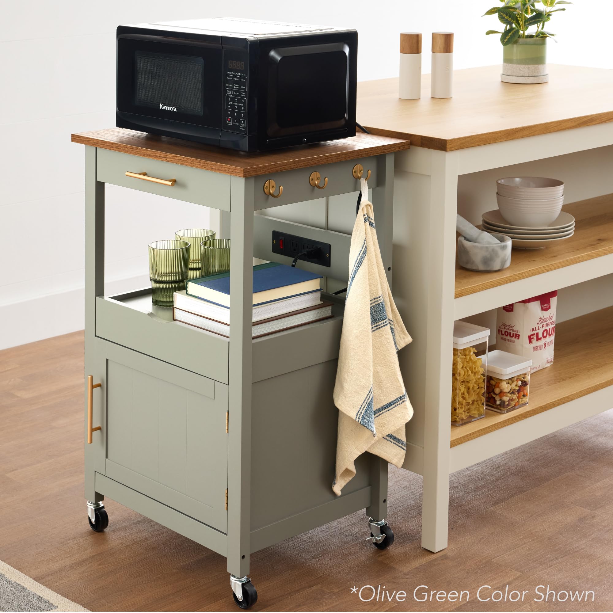 Best Choice Products Rolling Kitchen Island Cart with Single Door Cabinet, Drawer, Sliding Tray, Hidden Outlet & Lockable Wheels - White | Mobile Kitchen Storage for Small Spaces, Apartment Cooking & Entertaining