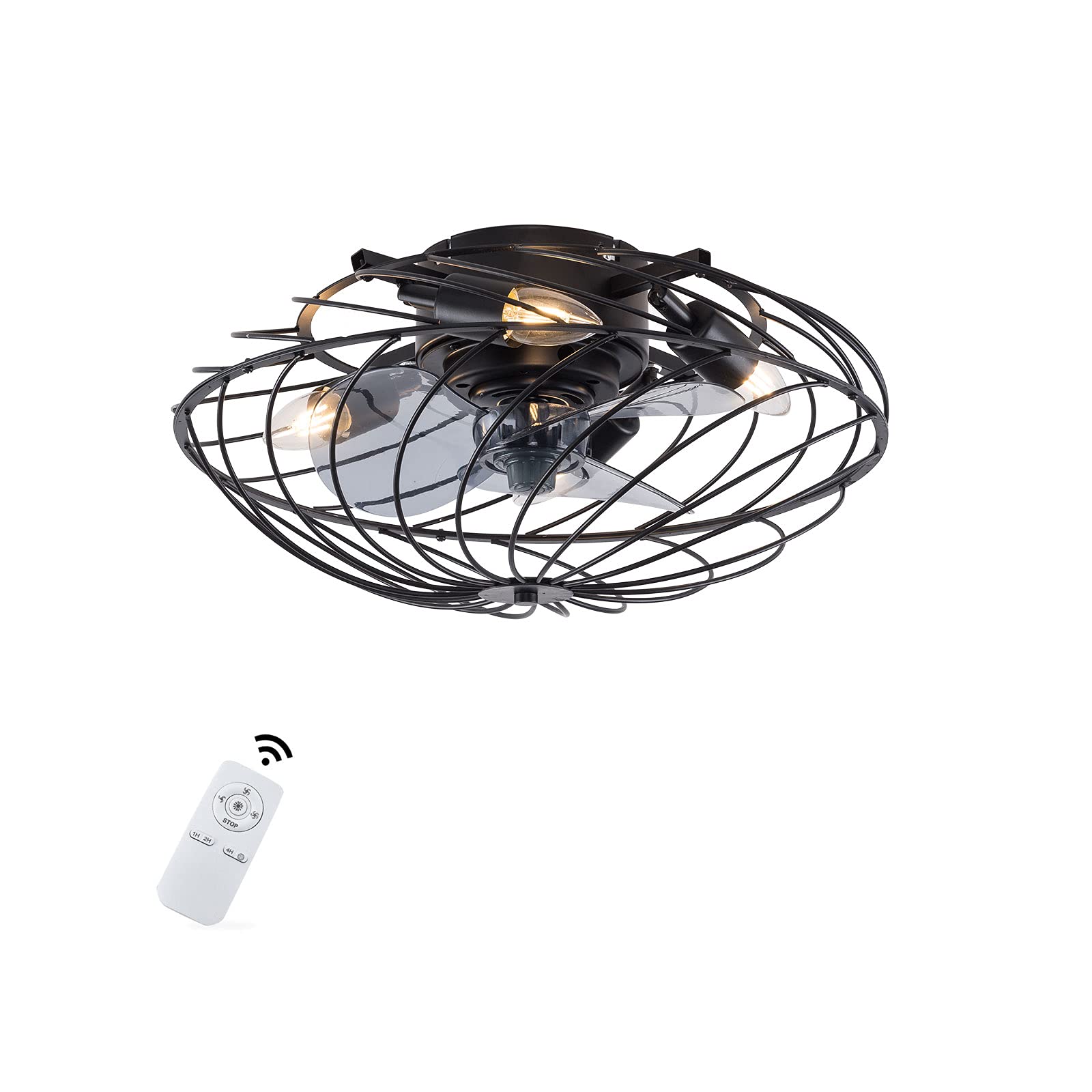 Black Metal Cage Chandelier Ceiling Fan with Lights & Remote Control - 3 Adjustable Wind Speeds, Timer Function, Flush Mount - Modern Farmhouse Lighting for Bedroom, Living Room, Dining Room (Type D)