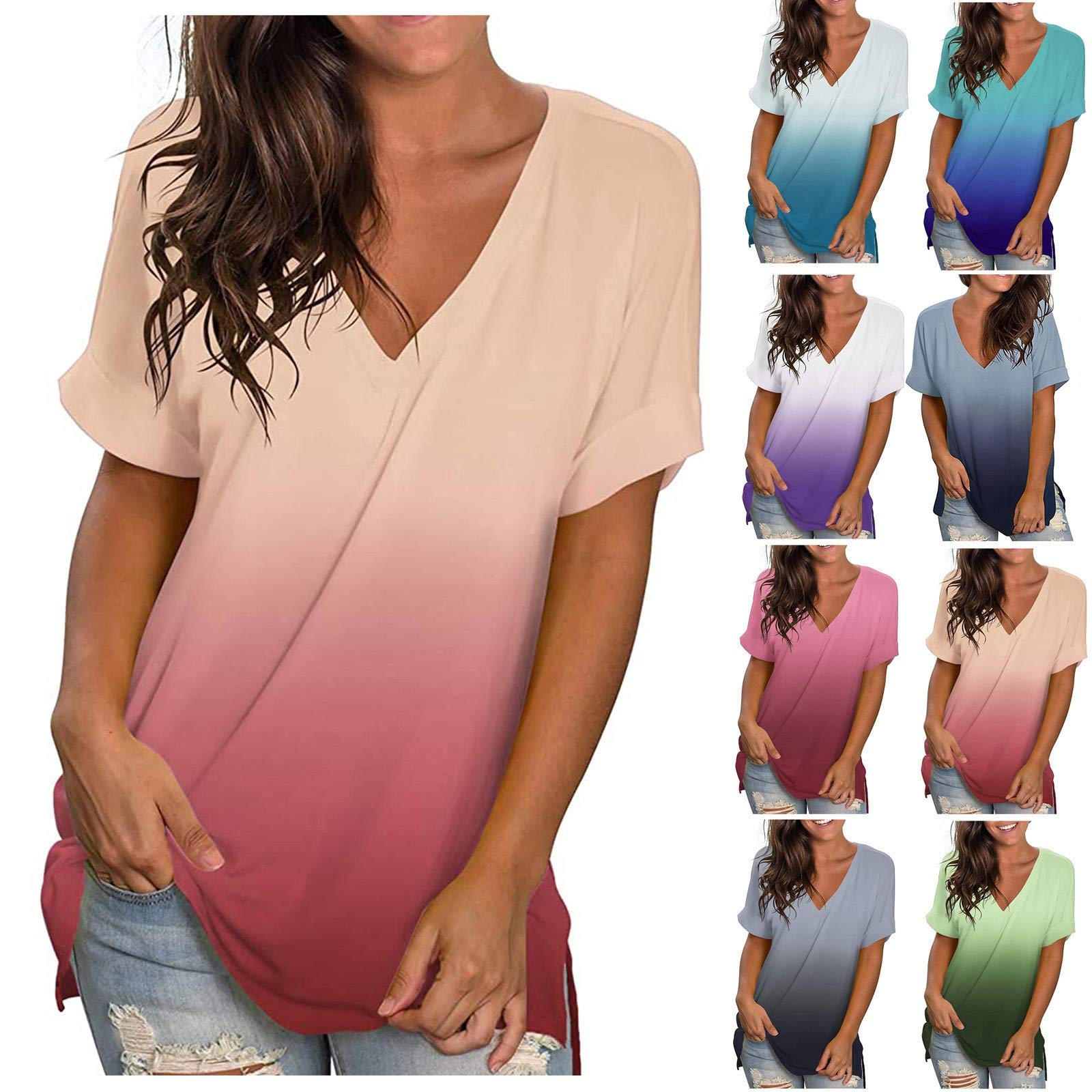 Women's Floral Print V-Neck T-Shirt - Casual Short Sleeve Blouse, Plus Size Tunic Tee for Everyday Wear & Summer Outfits