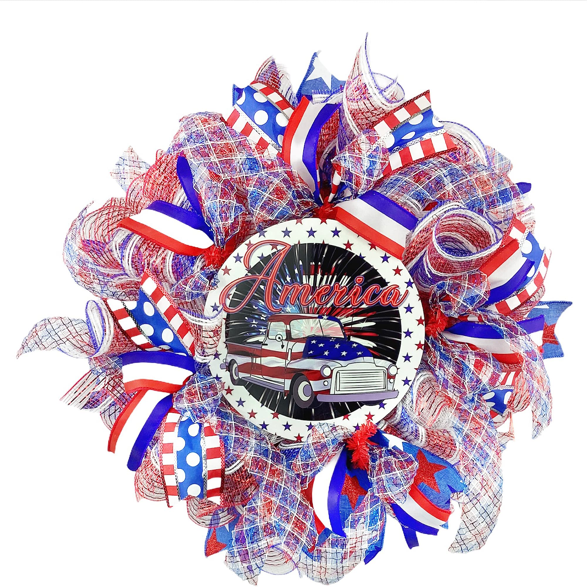 Patriotic Red White and Blue Truck Wreath for Front Door - Independence Day & July 4th Outdoor Decor - Perfect for Porch, House Entryway & Patriotic Holiday Celebrations