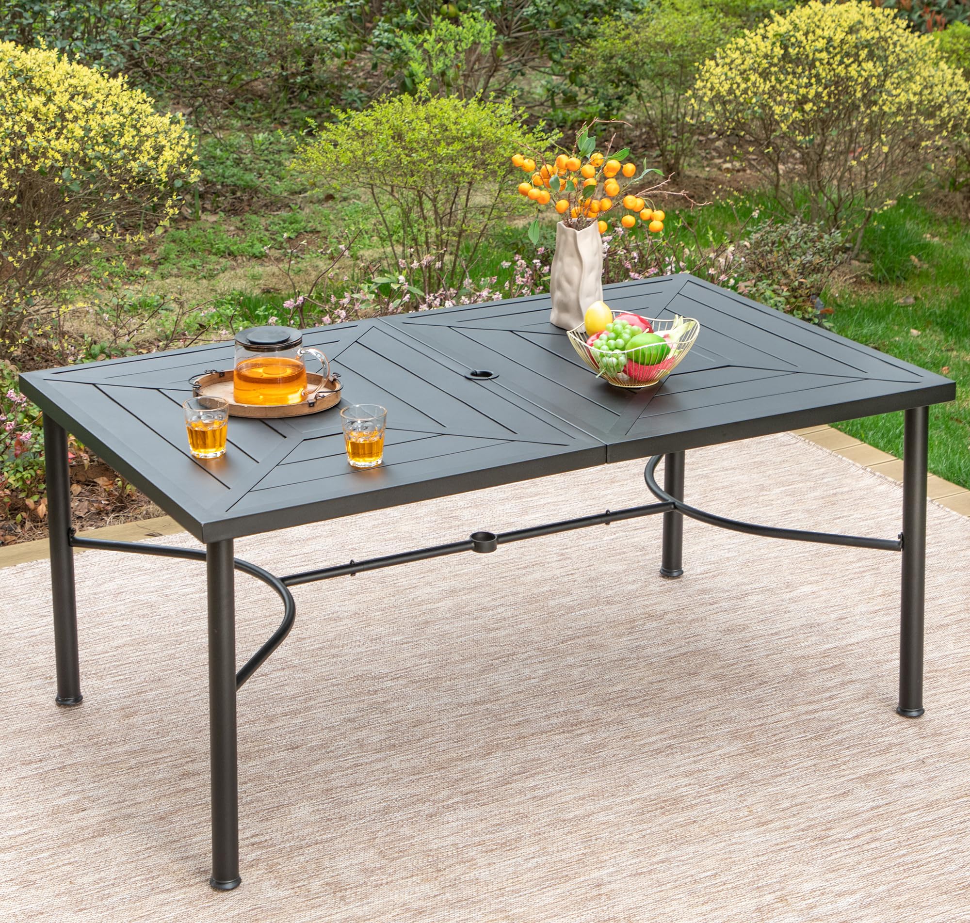 HERA'S HOUSE 64 Inch Outdoor Dining Table with Umbrella Hole - Weather Resistant Rectangular Patio Table for Garden, Backyard, Lawn - Perfect for Outdoor Entertaining, BBQ Parties & Family Gatherings