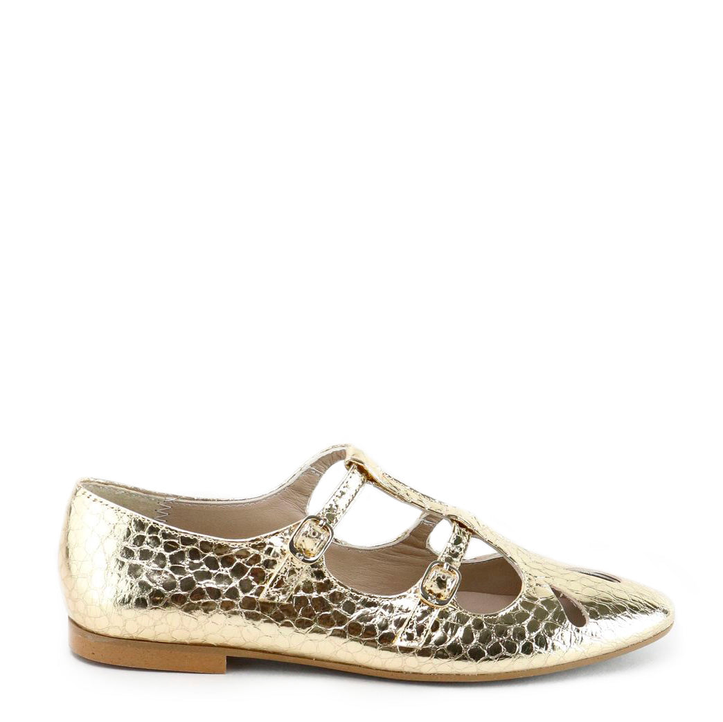 Stylish Gold Croc Pointed Toe Double Strap Mary Jane Shoes for Women - Perfect for Weddings, Parties & Office Wear