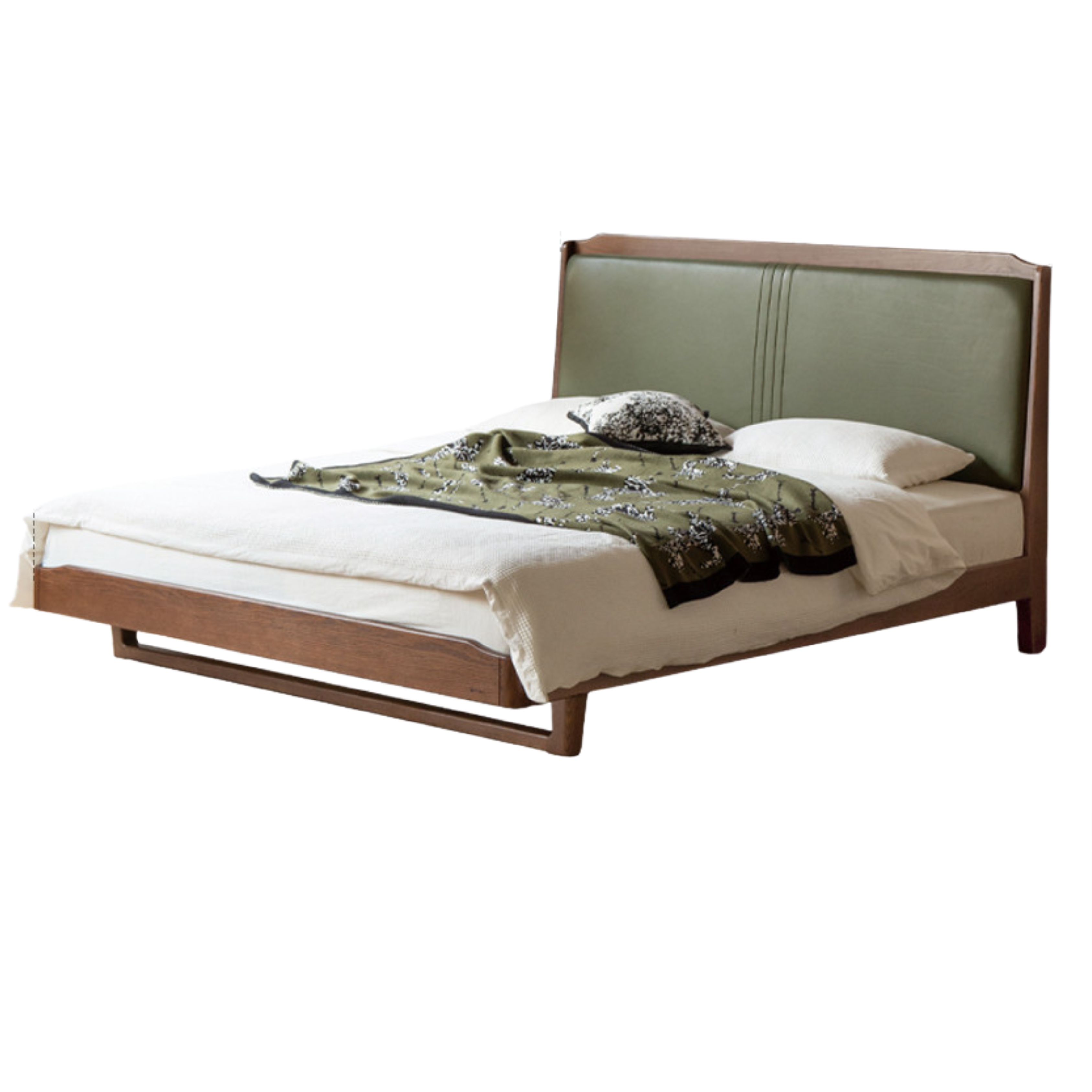 Solid Oak Wood Leather Upholstered Soft Bed - Queen Size Bed Frame with Tufted Headboard for Bedroom, Guest Room & Master Suite