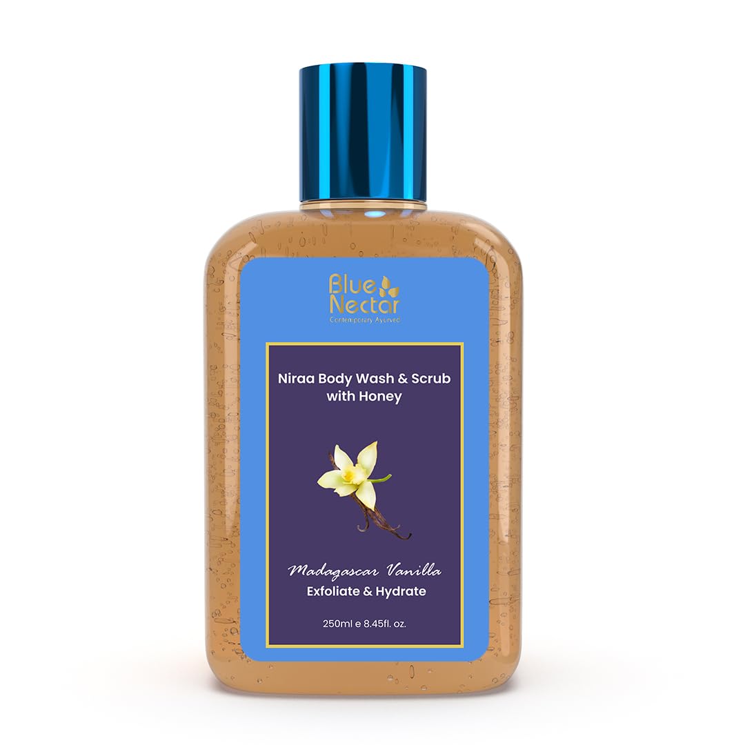 Blue Nectar Exfoliating Body Wash & Scrub for Rough & Bumpy Skin - Madagascar Vanilla Tan Removal Body Scrub with 10 Herbs for Women & Men (250ml) | Perfect for Dry Skin Care & Post-Sun Exfoliation