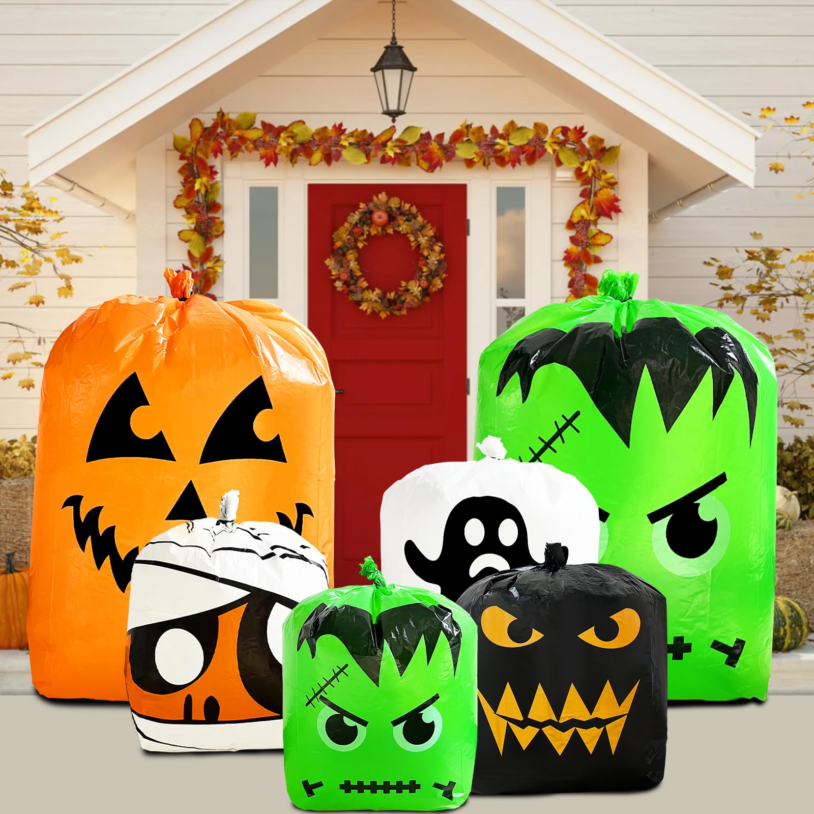 6-Piece Halloween Pumpkin Leaf Bags Set - 5 Spooky Designs for Outdoor Decor (2 Large 48x36
