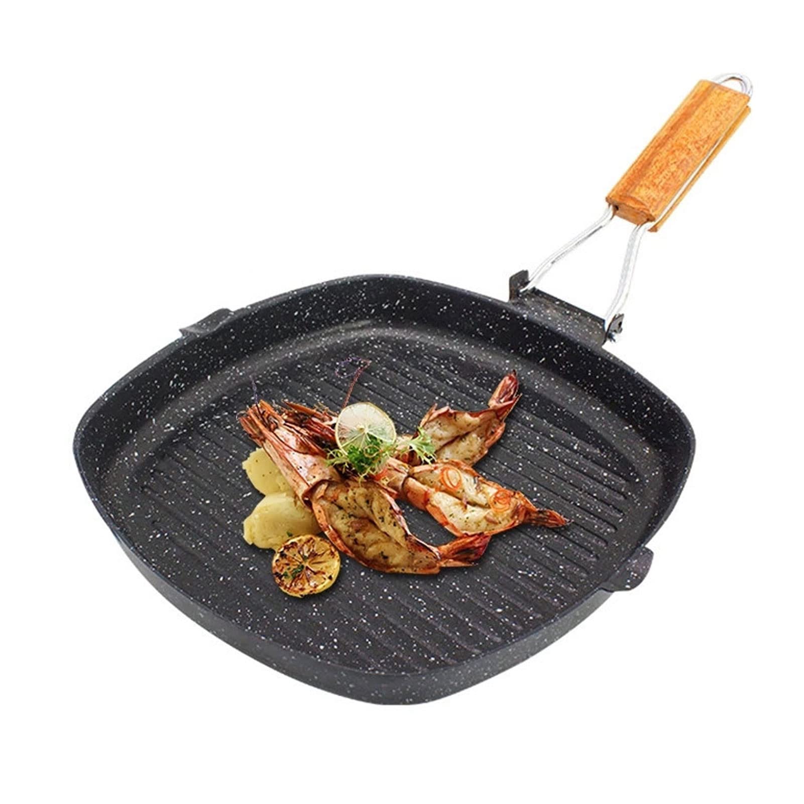 Premium Cast Iron Grill Pan - Large 28x20cm Nonstick Steak Griddle with Folding Beech Handle - Perfect for BBQ, Camping & Home Cooking - Heavy Duty Striped Grill Pan for Steaks, Burgers & Vegetables