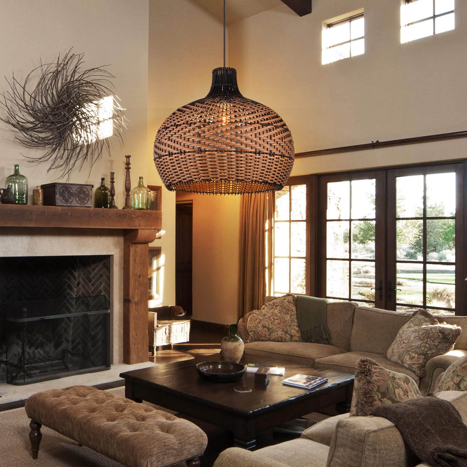 Arturesthome Handwoven Rattan Pendant Light Fixture - Natural Wicker Chandelier for Kitchen Island, Dining Room, Living Room & Bedroom | Boho Ceiling Lamp with Woven Lampshade | Perfect for Farmhouse, Coastal & Bohemian Home Decor