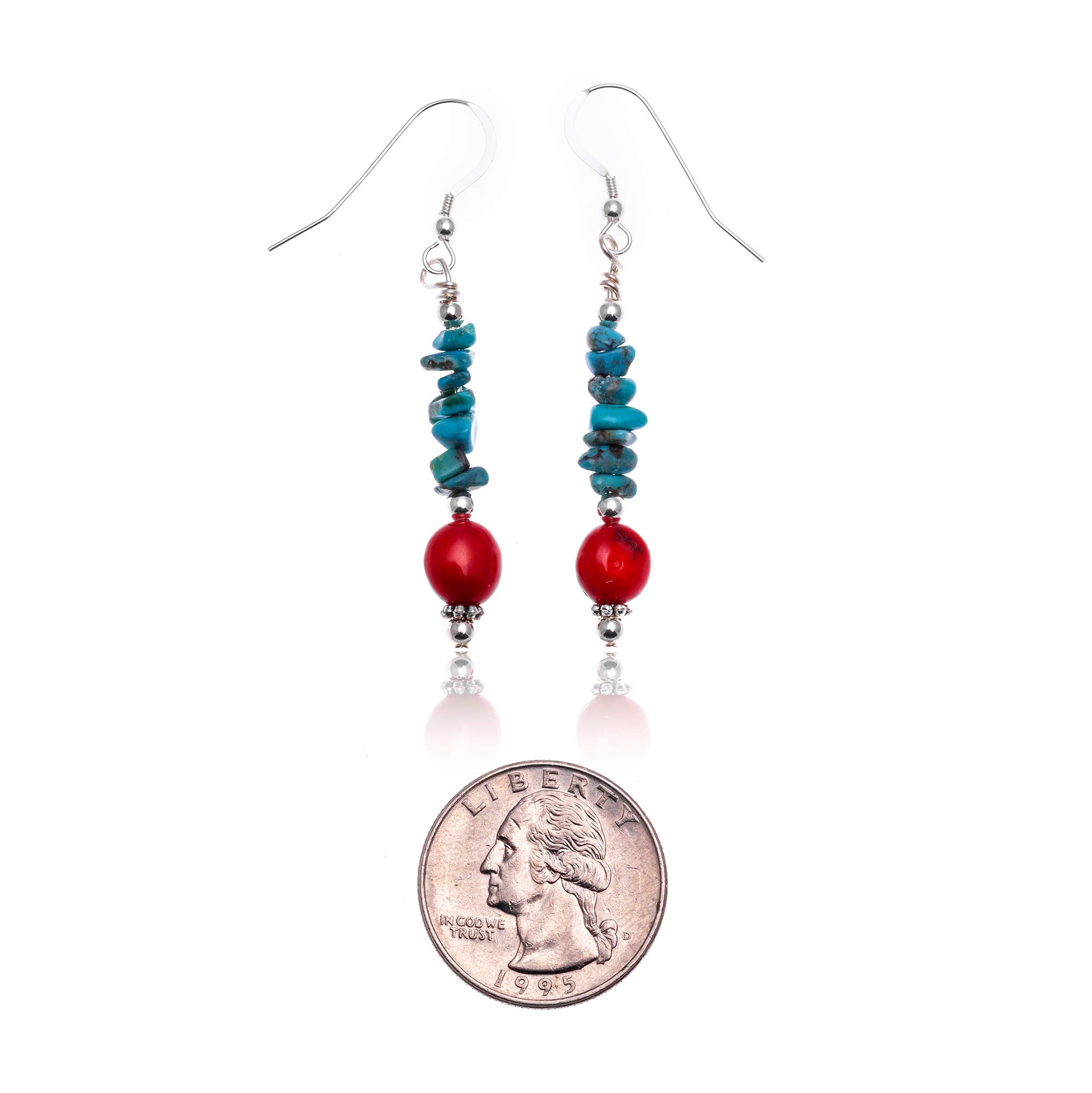Authentic Navajo .925 Sterling Silver Earrings with Natural Turquoise & Coral - Native American Handmade Jewelry for Women - Perfect for Festivals, Weddings & Boho Fashion