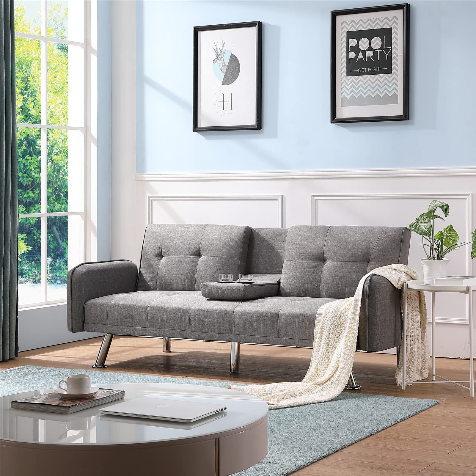 Modern Convertible Futon Sofa Bed with Removable Armrests & 2 Cup Holders - Light Grey Polyester Upholstered Sleeper Couch for Small Spaces | Perfect for Apartments, Living Rooms & Guest Rooms (Small, Light Grey)