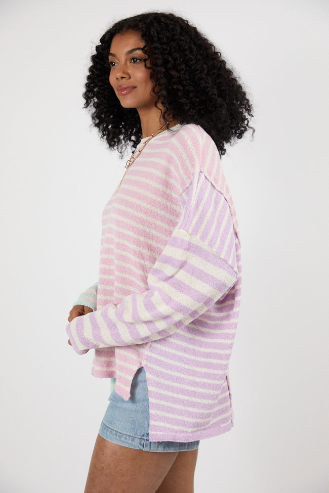 Kind Hearts Colorblock Mint Pink Purple Multi Stripe Sweater - Women's Casual Knit Pullover for Fall & Winter Fashion, Office Wear & Cozy Outfits