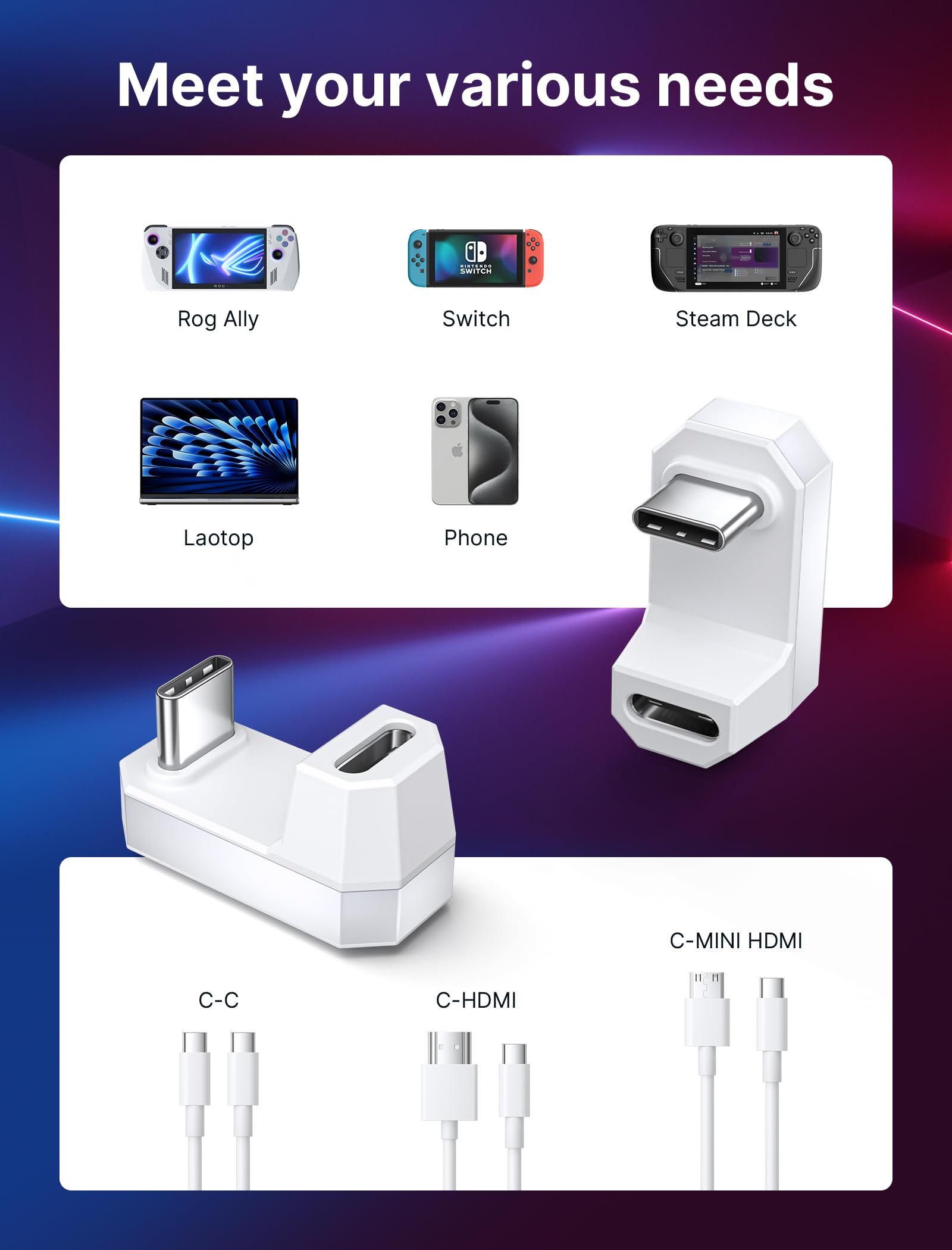 JSAUX 180° USB-C Adapter 2 Pack - 100W PD for ROG Ally, Steam Deck, Switch & More - White
