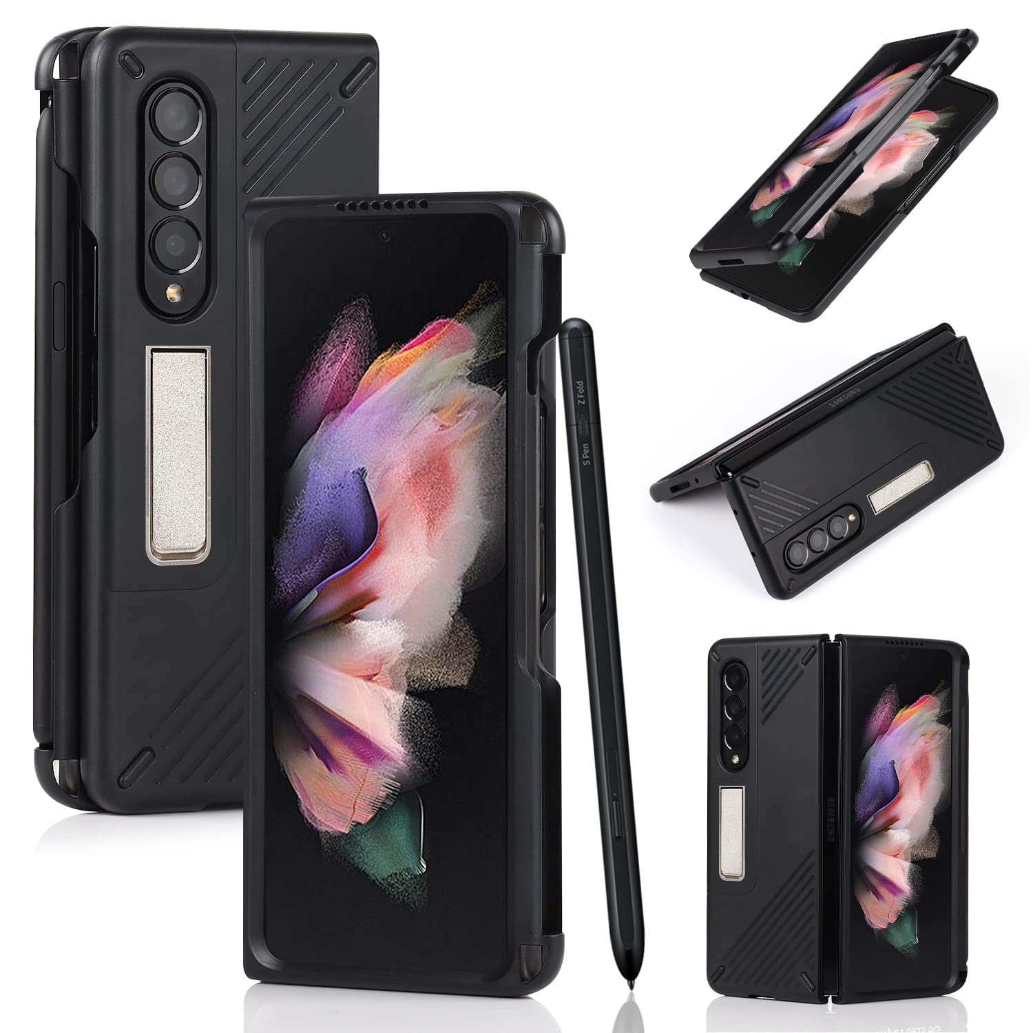 Samsung Galaxy Z Fold 3 Case with S Pen Holder & Kickstand - Black for Work & Travel