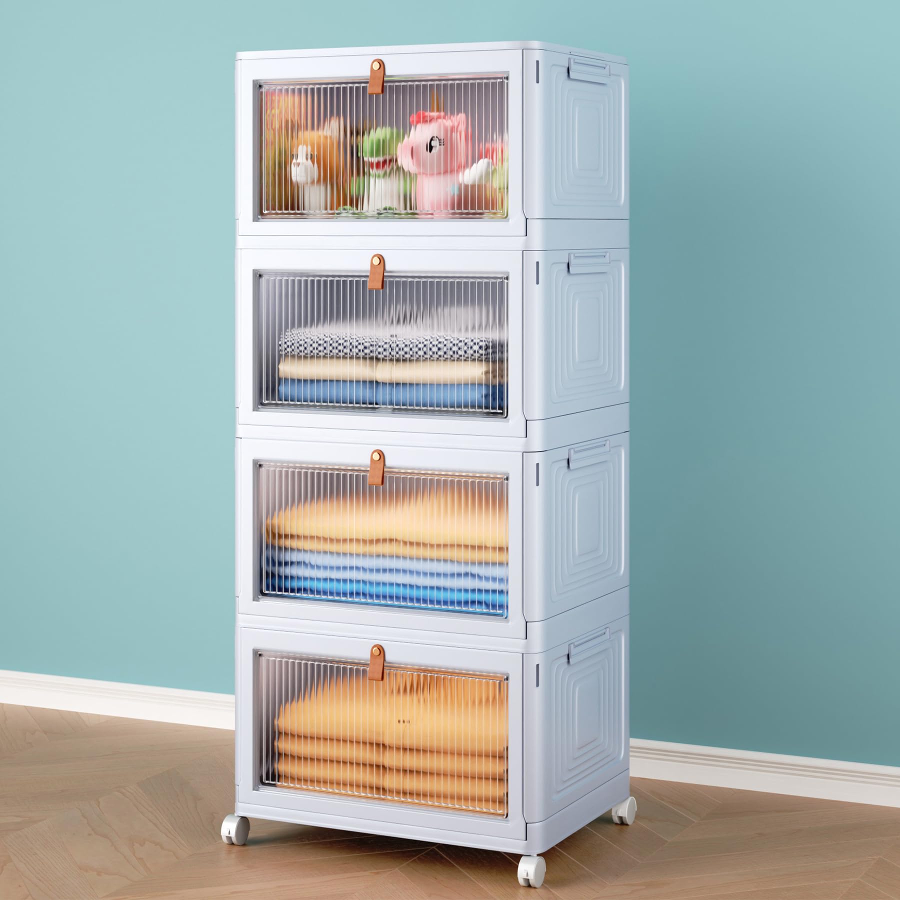 4 Tier Stackable Plastic Storage Bins with Lids & Wheels - 23 QT Foldable Organizer Containers for Closet, Pantry, Home, Dorm, Craft Supplies | Space-Saving Grey Storage Boxes for Bedroom, Office & Garage Organization