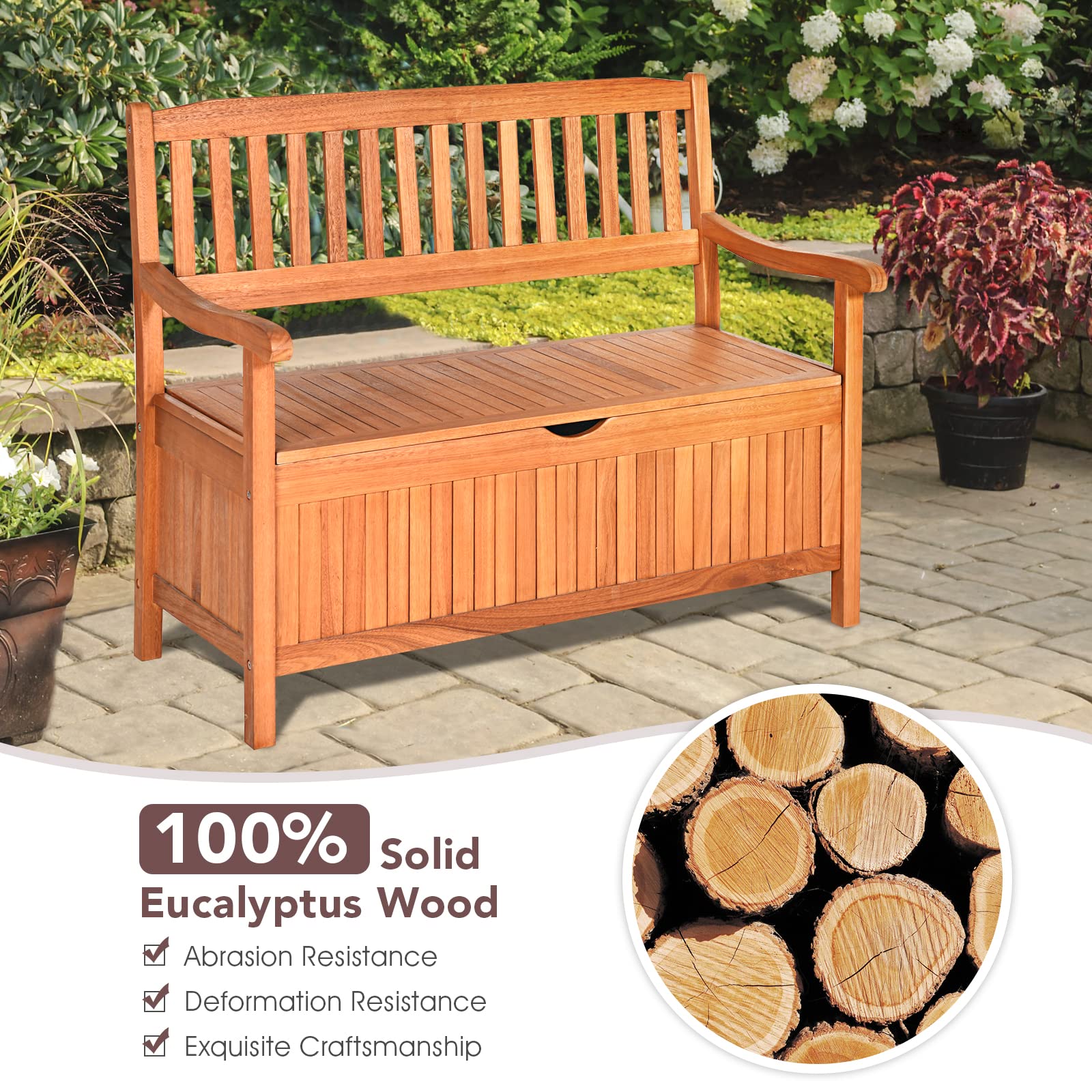 **HAPPYGRILL 33 Gal Outdoor Storage Bench - Wooden Deck Box with Removable Dustproof Liner, Multi-Functional Seating Furniture for Courtyard, Garden, Poolside & Patio**    *(Perfect for Storing Cushions, Toys, and Outdoor Essentials While Providing Extra Seating Space!)*