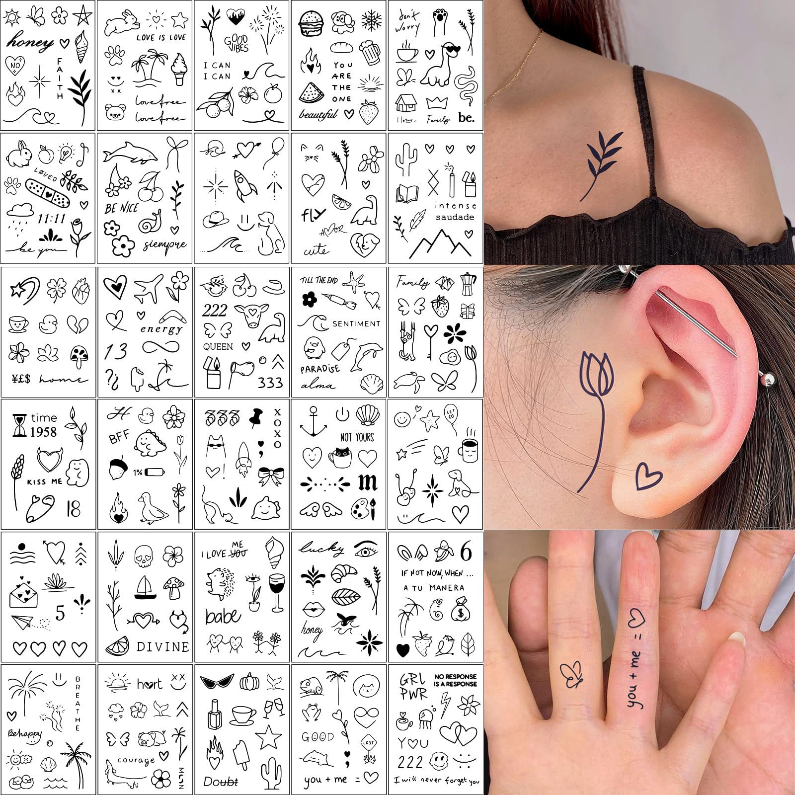 30 Sheets 400PCS Temporary Tattoo Stickers - Small Black Floral Herbal Designs for Women, Men & Kids - Perfect for Hands, Fingers & Body Art - Great for Parties, Festivals & DIY Projects