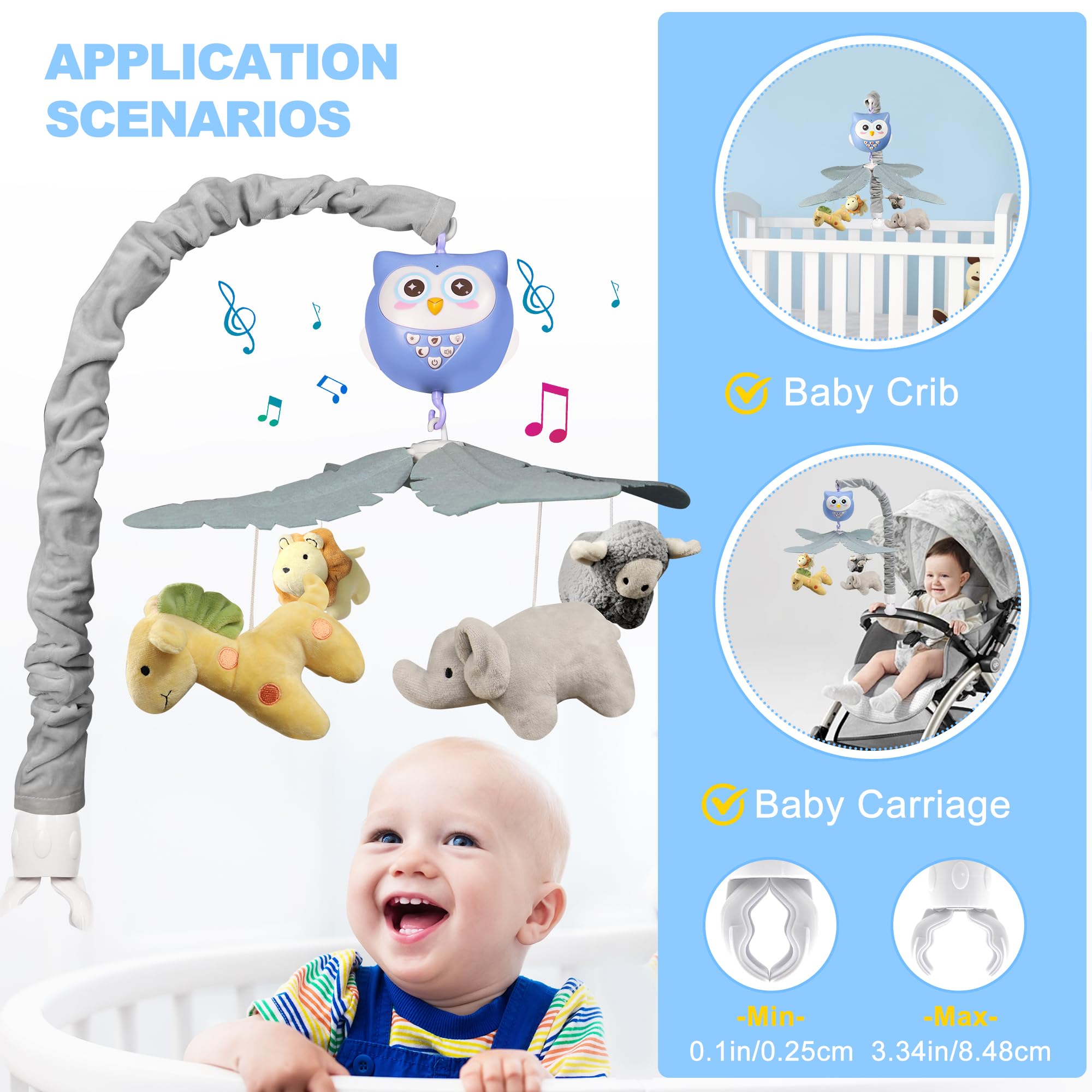 Baby Crib Mobile with Music & Lights - Musical Animal Mobile for Boys & Girls - Portable Hanging Crib Toy for Bassinet & Pack n Play - Perfect for Nursery Decor & Soothing Newborns to Sleep
