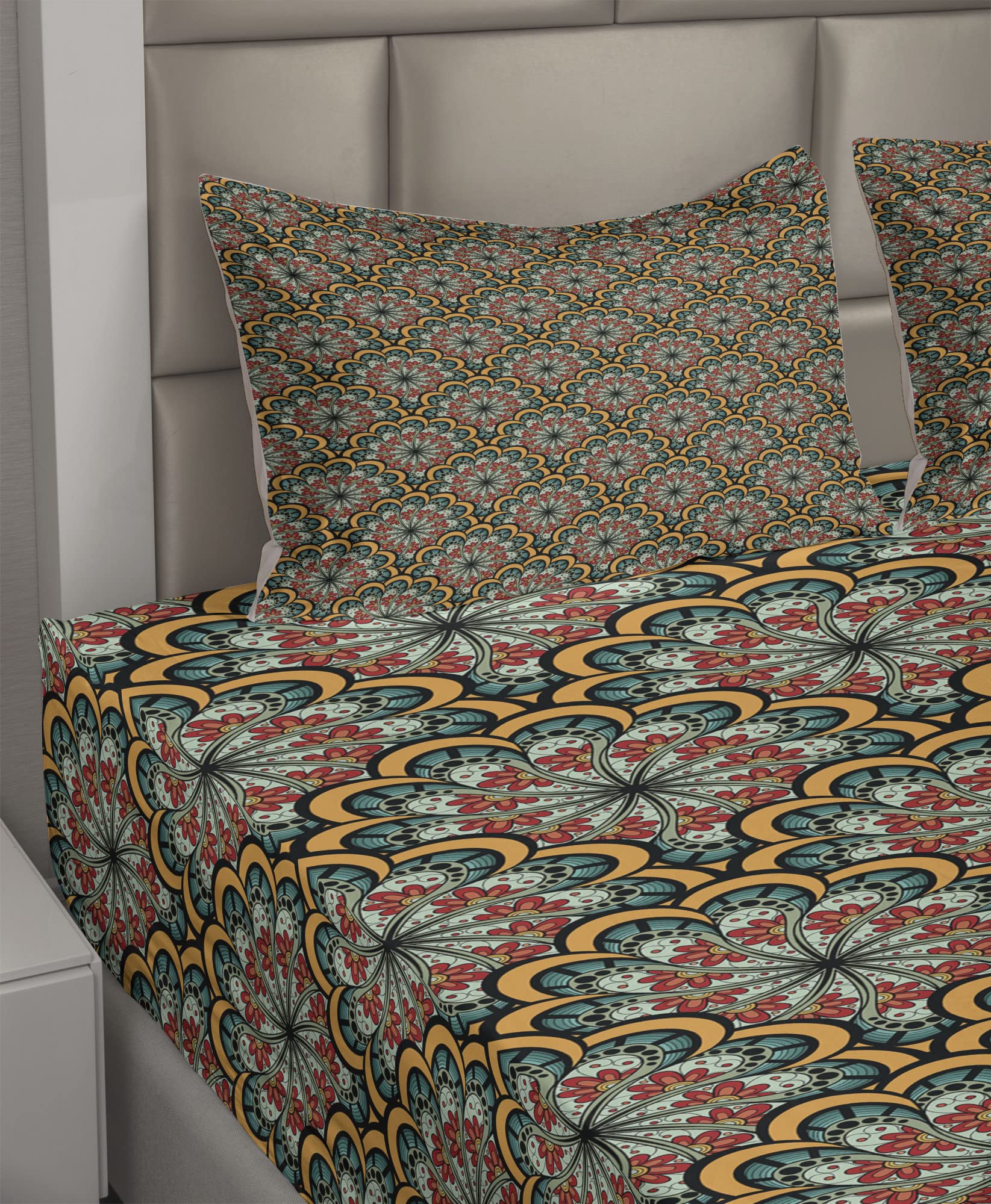 Ambesonne Bohemian Mandala Sheet Set 4-Piece King Size - Flourishing Nature Paisley Design, Fitted & Flat Sheets with Pillowcases - Seafoam Marigold Red - Perfect for Boho Bedroom Decor & Guest Room Styling