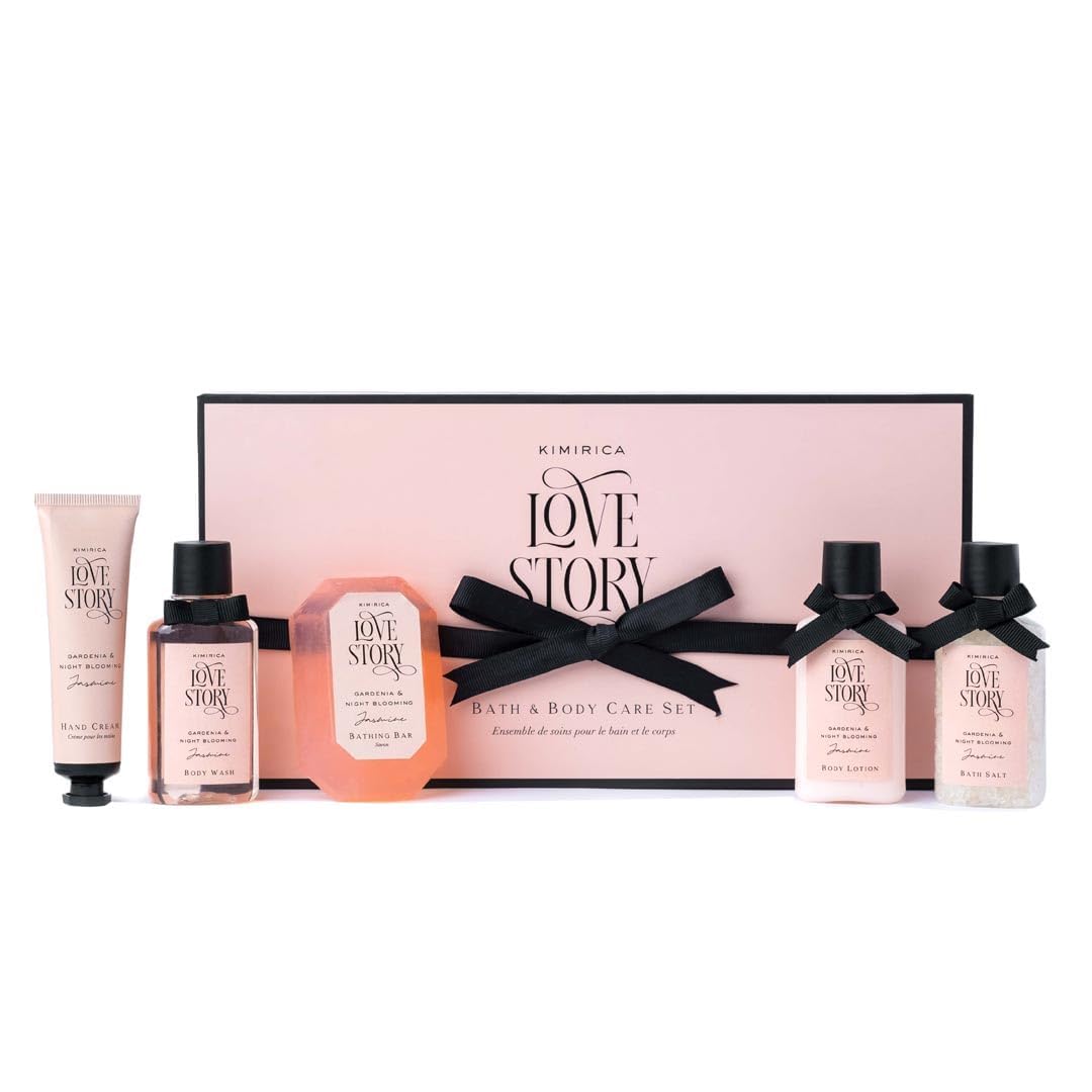 Kimirica Love Story Luxury Bath & Body Care Gift Set - 5-Piece Vegan Spa Kit with Bath Salt, Body Wash, Lotion, Soap & Hand Cream | Premium Gift Box for Men & Women | Perfect for Valentine's Day, Anniversary & Self-Care Gifts