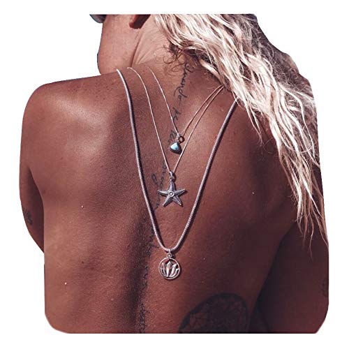 Boho Layered Necklace for Women - Silver Turquoise Coin Pendant Long Chain with Starfish Charm, Multilayer Choker Jewelry for Girls | Perfect for Beach Parties, Festivals & Boho Fashion