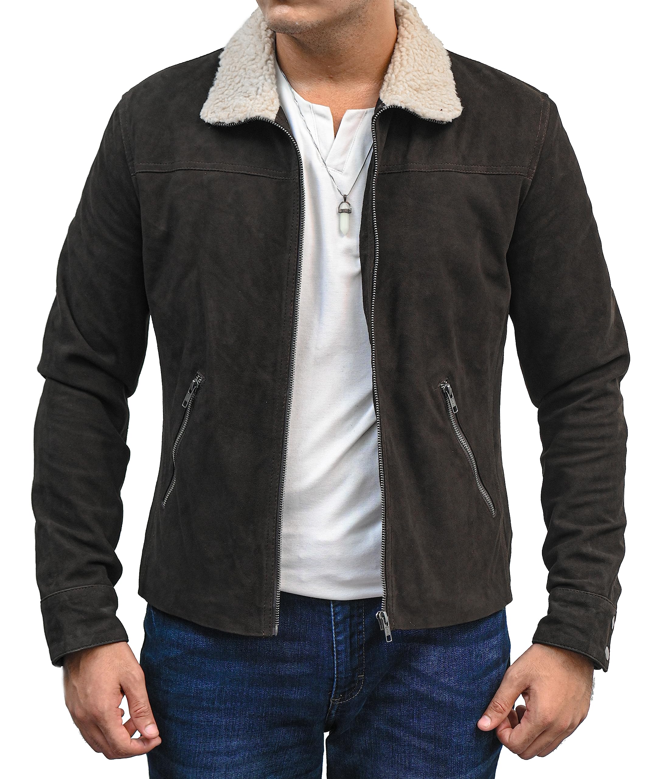 The Walking Dead Rick Grimes Jacket - Andrew Lincoln Signature Brown Suede Leather Coat with Fur Collar for Men | Halloween Cosplay, Comic-Con Costume & Winter Fashion Outerwear