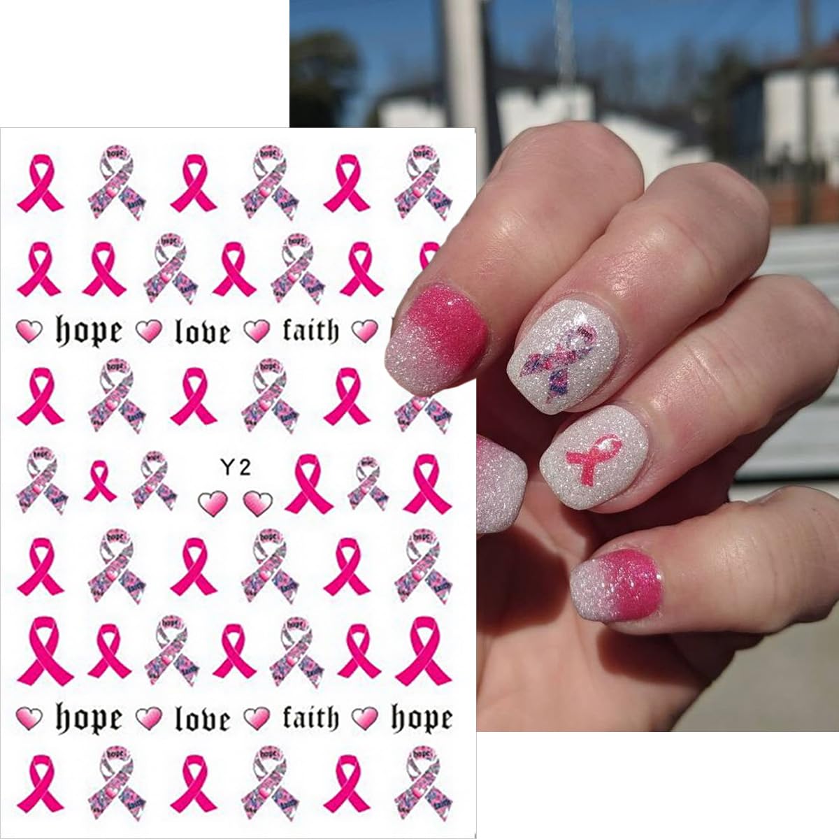 6 Sheets 3D Pink Ribbon Breast Cancer Awareness Nail Art Stickers - Self-Adhesive Heart & Letter Design Nail Decals for Women & Girls - Perfect for DIY Manicures, Fundraisers & Support Events