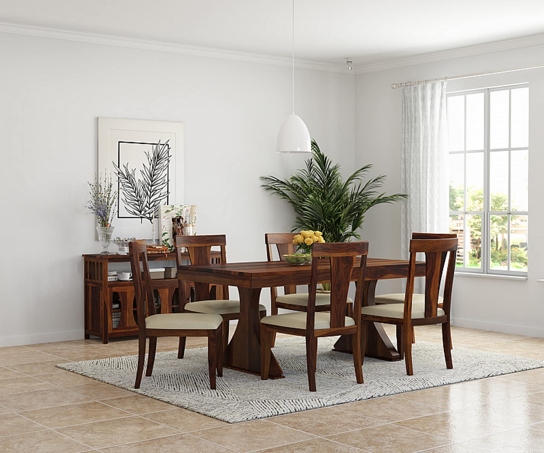 Premium Sheesham Wood 6-Seater Dining Table Set with 6 Cushioned Chairs - Solid Wood Furniture for Home, Living Room, Hall, Hotels & Restaurants (Brown Finish) | 1 Year Warranty | Perfect for Family Dinners, Entertaining Guests & Commercial Dining Spaces