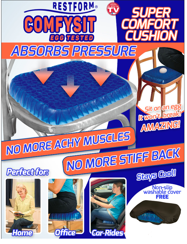 Restform Comfysit Cushion - Premium Comfort Seat Cushion for Office Chair, Car, Home & Travel - Orthopedic Support for Back Pain Relief - Perfect for Work, Driving & Relaxation