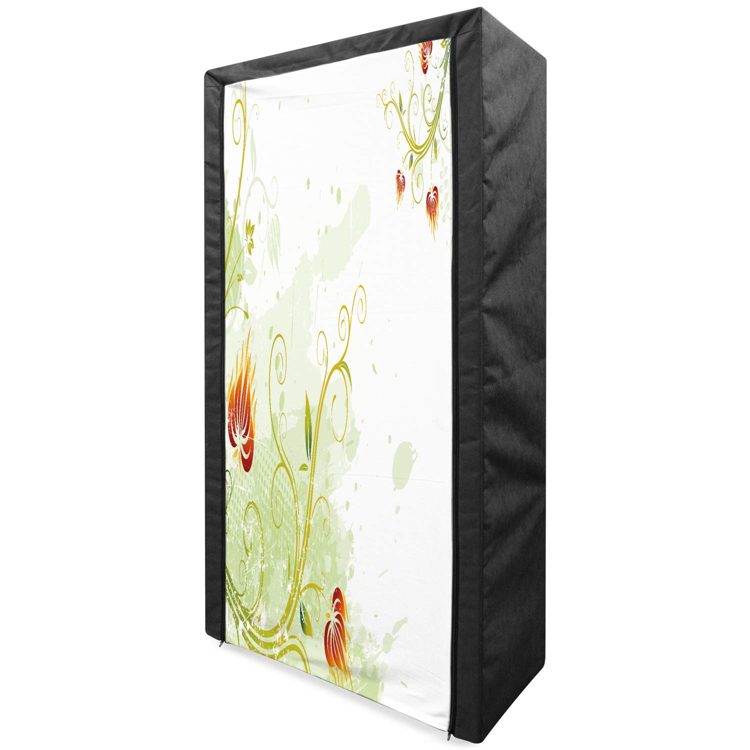 Ambesonne Floral Portable Fabric Wardrobe with Shelves - 33.5 Inch Green Clothing Organizer & Storage Closet - Retro Swirled Petals Design on Grunge Background - Perfect for Bedroom, Dorm, Apartment, or Small Space Organization