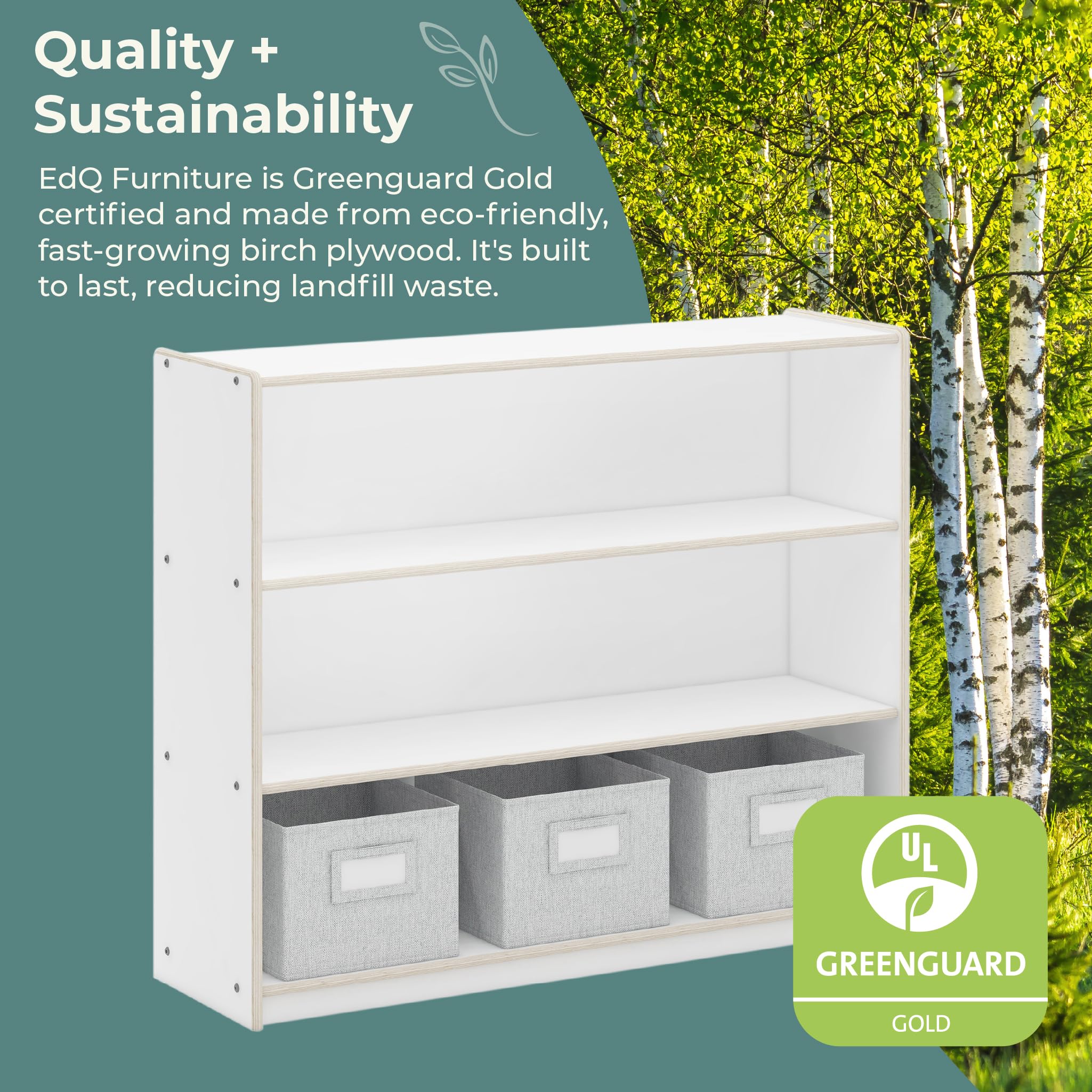 Guidecraft EdQ 3-Shelf Open Storage Unit with Fabric Bins - White Wooden Bookshelf & Toy Organizer for Kids, Teachers | Classroom & Homeschool Furniture for Books, Toys, School Supplies | Perfect for Playrooms, Daycares & Learning Centers