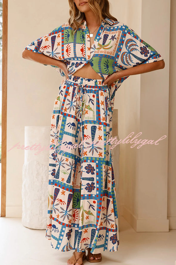 Stylish Floral Print Lapel Short Sleeve Blouse with Elastic Waist Casual Wide Leg Pants Set - Perfect for Summer Outfits, Beach Vacations & Boho Fashion