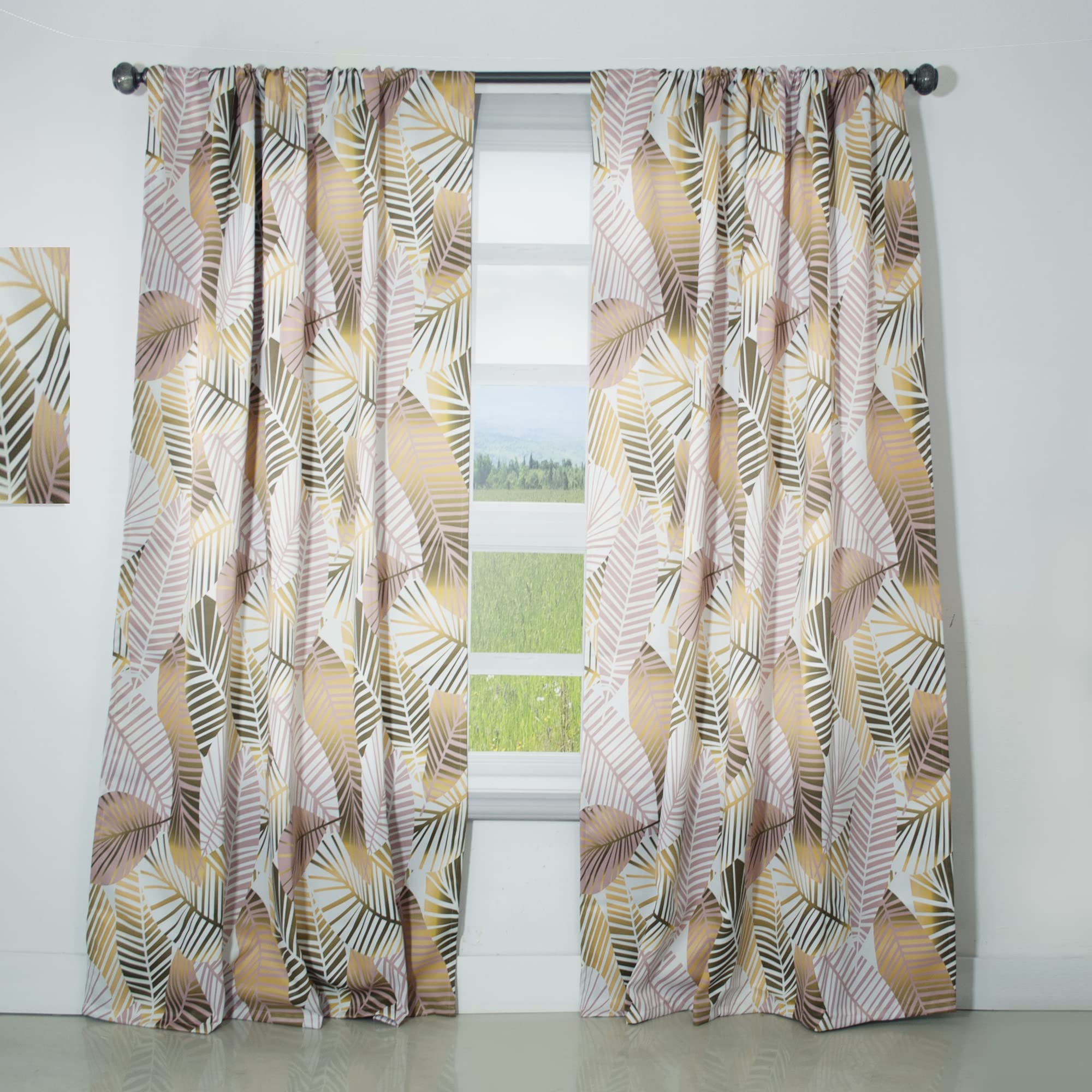 DesignQ 'Golden Palm Leaves II' Thermal Insulated Curtains - 52x108 Inch Single Panel for Bedroom & Living Room - Elegant Window Drapes for Home Decor, Sun Protection & Energy Saving