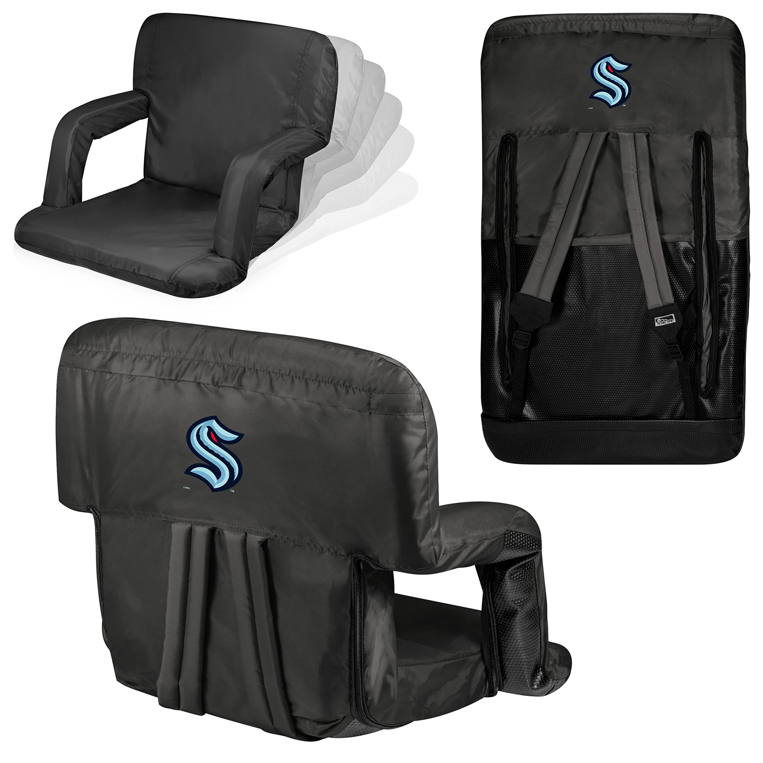 PICNIC TIME NHL Seattle Kraken Ventura Reclining Stadium Seat with Back Support - Portable Bleacher Seat & Beach Floor Chair for Outdoor Games, Concerts, Camping (Black)