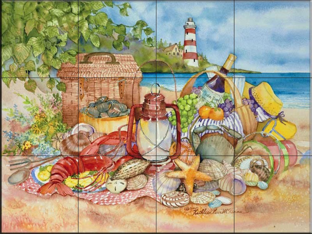 Ceramic Backsplash Tile Mural - Sea Shell Themed Kitchen Bathroom Shower Wall Decor - Bayside Picnic by Kathleen Parr McKenna - Perfect for Coastal, Beach House, and Nautical Style Interiors