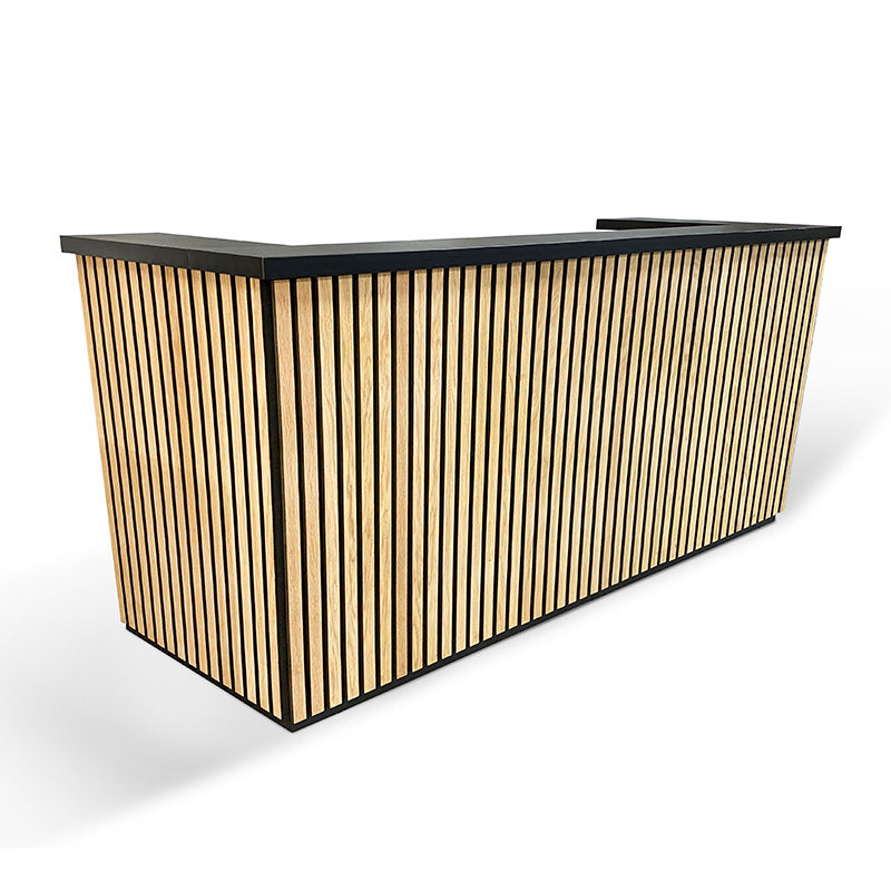 KENTO 240cm Modern Reception Desk with Timber Slat Acoustic Panel in Black & Oak - Perfect for Office Lobby, Hotel Front Desk, and Corporate Waiting Areas