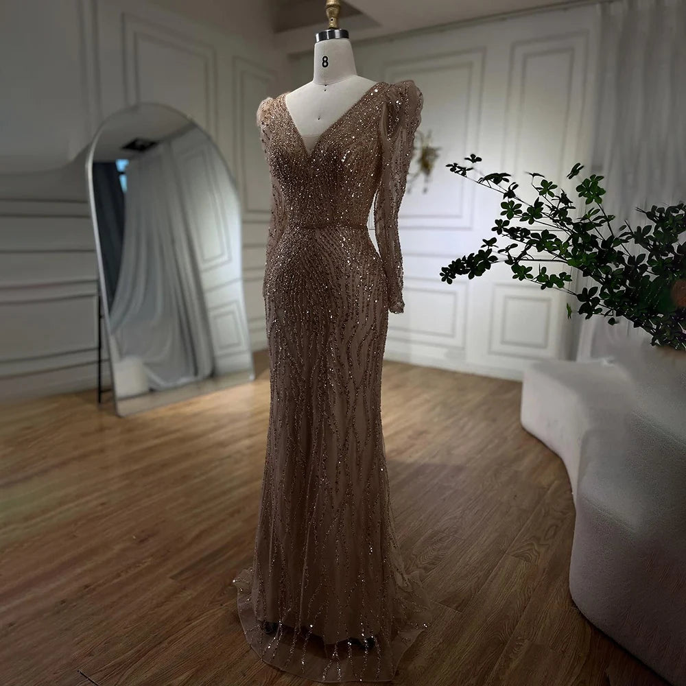 Elegant Muslim Blue Mermaid Evening Dress with Beaded Details - Luxury Arabic Gown for Women - Perfect for Weddings, Parties & Special Occasions - Serene Hill Collection 2025 LA71931