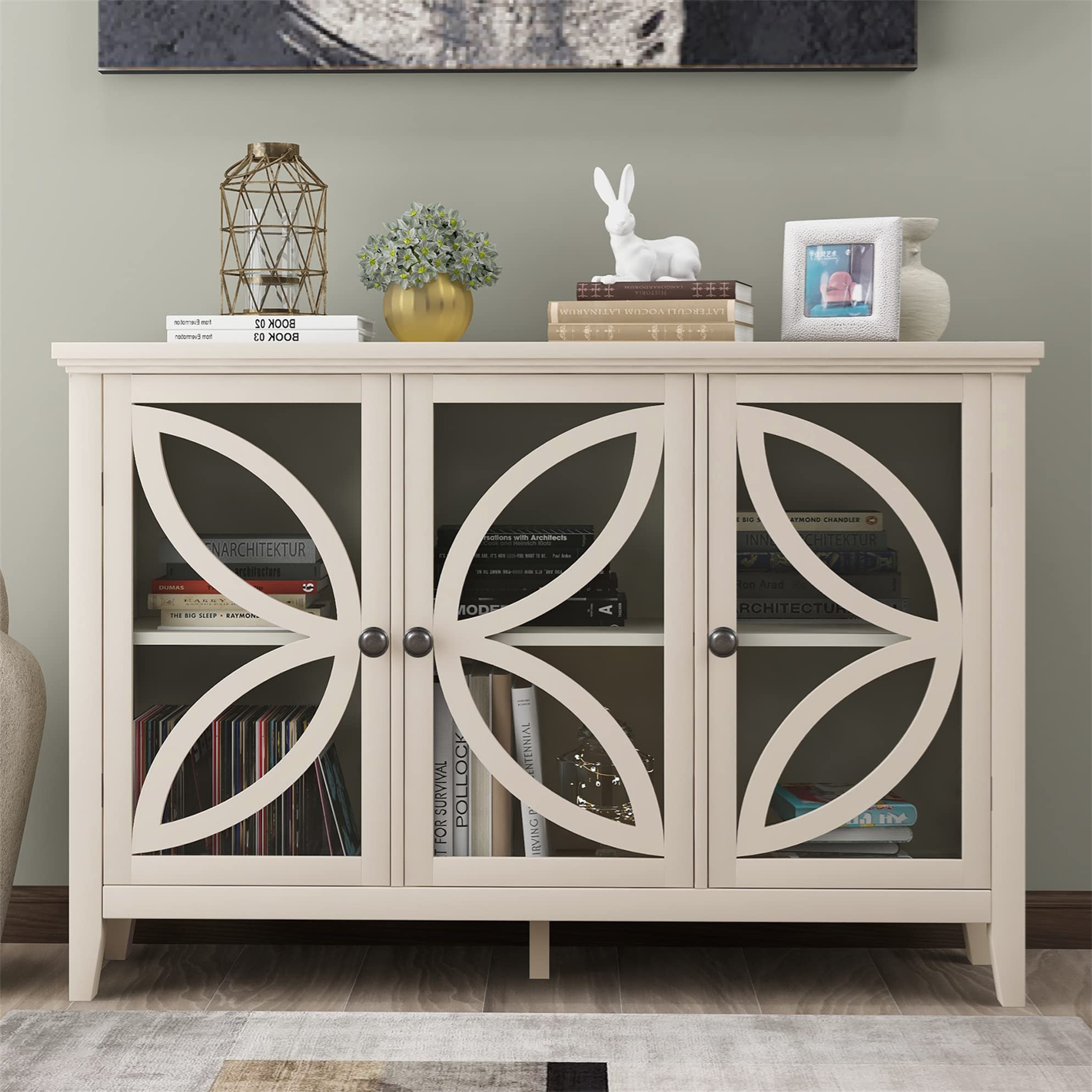 White 3-Door CITYNIGHT Storage Cabinet with Adjustable Shelves - Buffet Sideboard for Entryway, Living Room & Bedroom - Perfect for Home Organization & Decorative Storage Solutions
