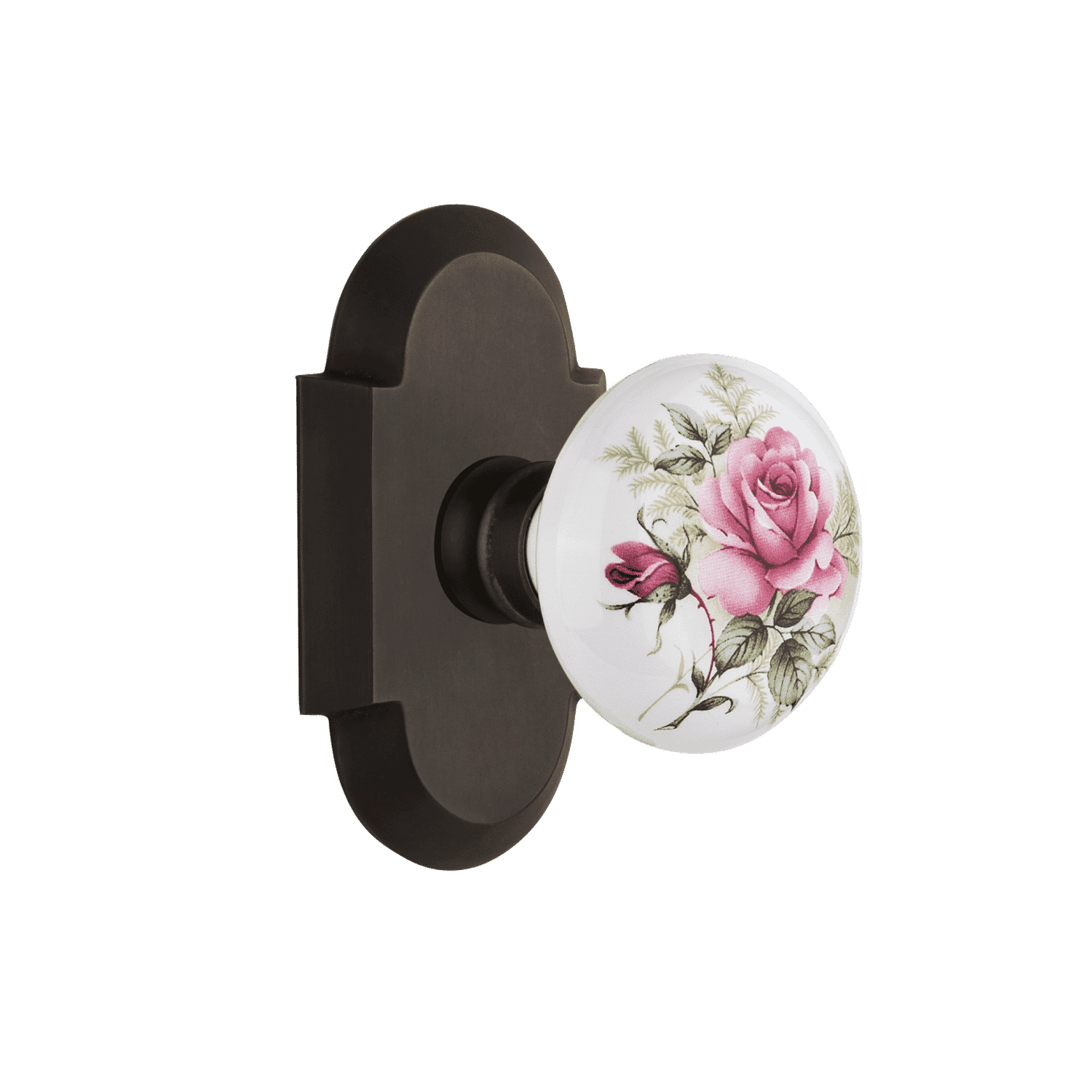 Vintage Cottage Short Plate with White Rose Porcelain Knob - Oil Rubbed Bronze Cabinet Hardware for Kitchen & Bathroom Decor