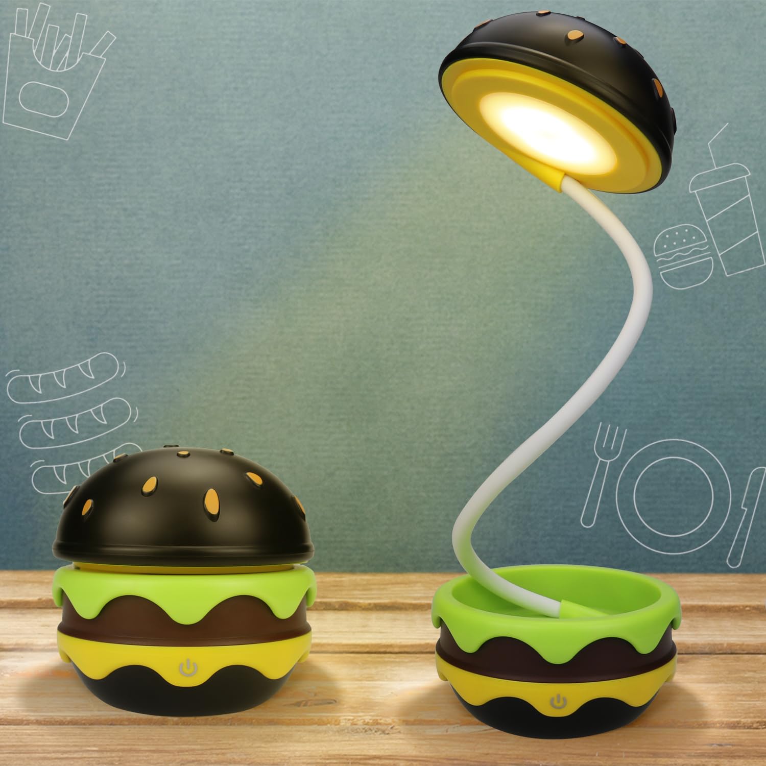 Rechargeable Hamburger Desk Lamp for Kids - Adjustable Neck, Dimmable Touch Switch, Cute Night Light for Nursery, Kawaii Room Decor & Gift for Boys & Girls | Perfect for Bedroom, Study Desk & Kids' Room Decor