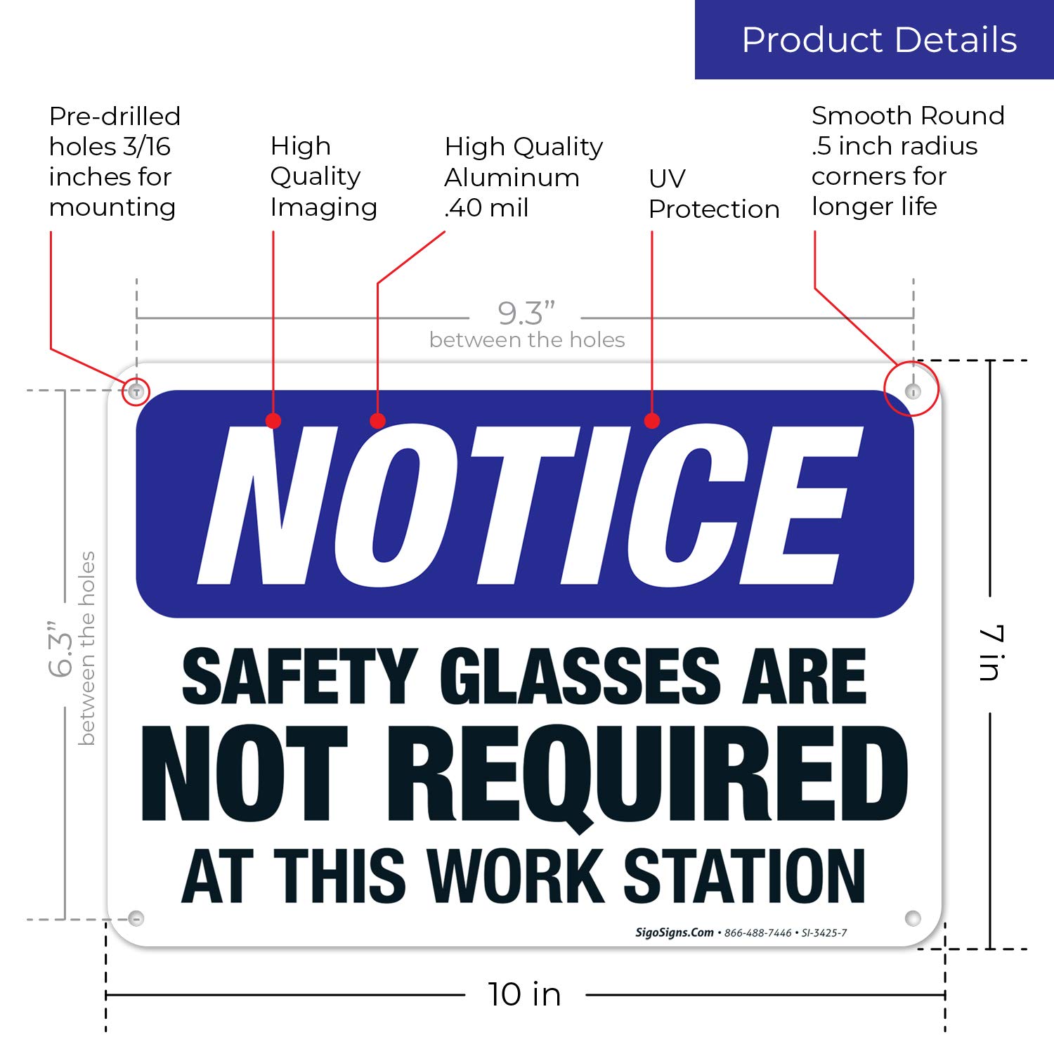 OSHA Compliant 'Safety Glasses Not Required' Workstation Sign - 10x7 Inches, Rust-Free .040 Aluminum, Fade-Resistant for Indoor & Outdoor Use - Made in USA - Perfect for Factories, Warehouses & Construction Sites