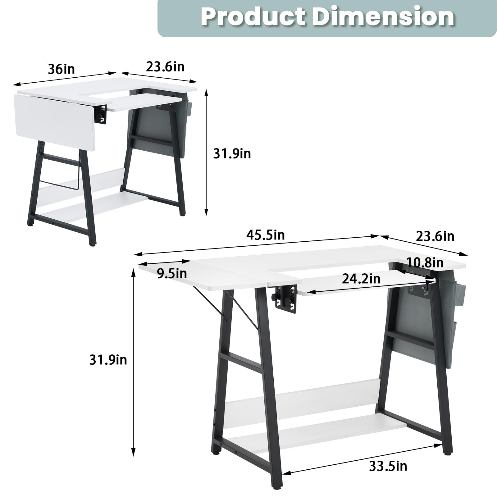 MELLCOM Folding Sewing Table with Adjustable Shelf & Side Pocket - Multi-Purpose Craft Table for Sewing Machines, Hobby Work & Computer Use - Compact White Workstation for Home Office & Craft Room