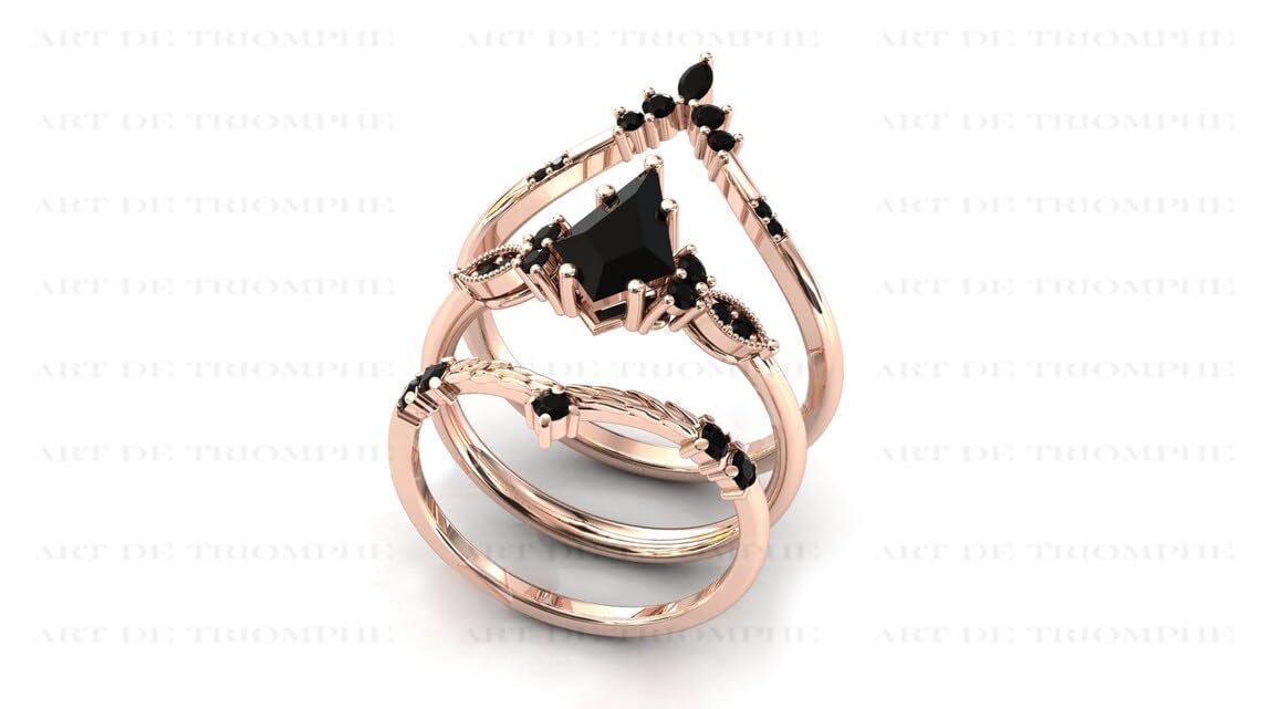 3 CT Kite Shaped Black Onyx Engagement Ring Set - Vintage Art Deco Wedding Band for Women, Unique Bridal Jewelry, Anniversary Promise Ring - Perfect for Proposals, Weddings & Special Occasions