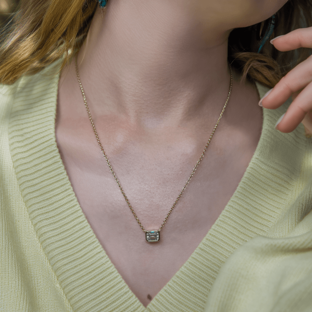 Timeless Emerald Cut Moissanite Bezel Pendant Necklace - 14K Gold Plated Dainty Jewelry for Women, Elegant Gift for Anniversary & Valentine's Day