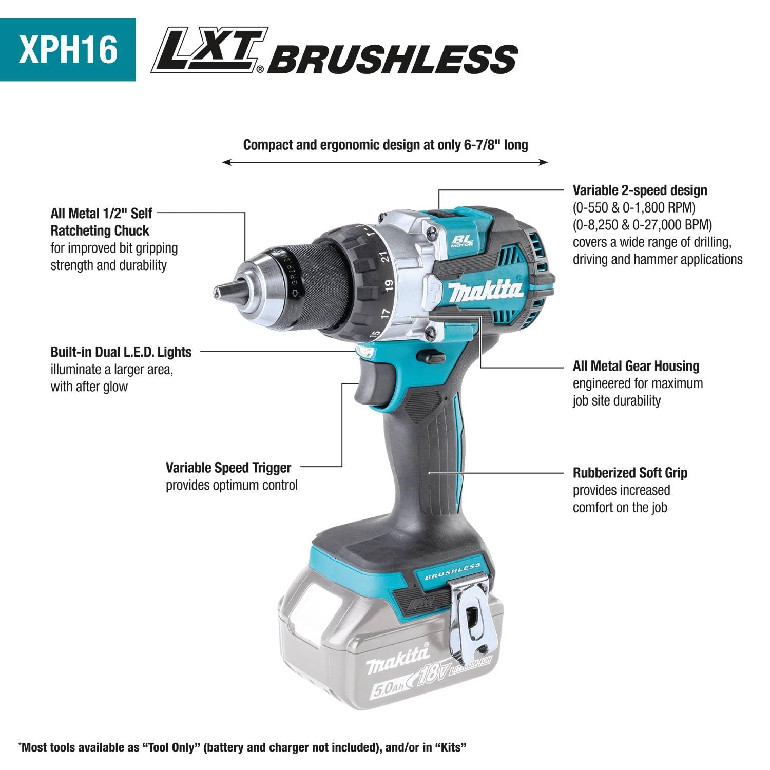 Makita XPH16Z 18V LXT Lithium-Ion Brushless Cordless Hammer Drill Driver - 1/2
