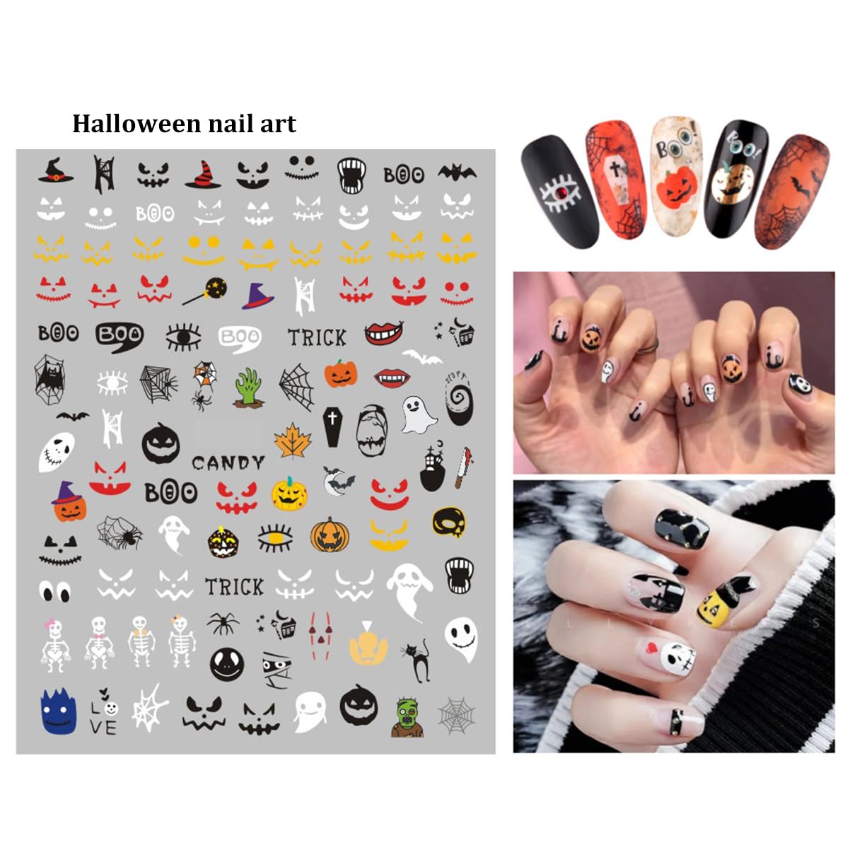 8 Sheets Halloween 3D Glow in The Dark Nail Stickers - Scary Ghost, Witch, Skull, Spider Web & Pumpkin Designs - Self-Adhesive Nail Art Decals for Women & Girls - Perfect for Halloween Parties, Costume Events & Nail Salon Decorations