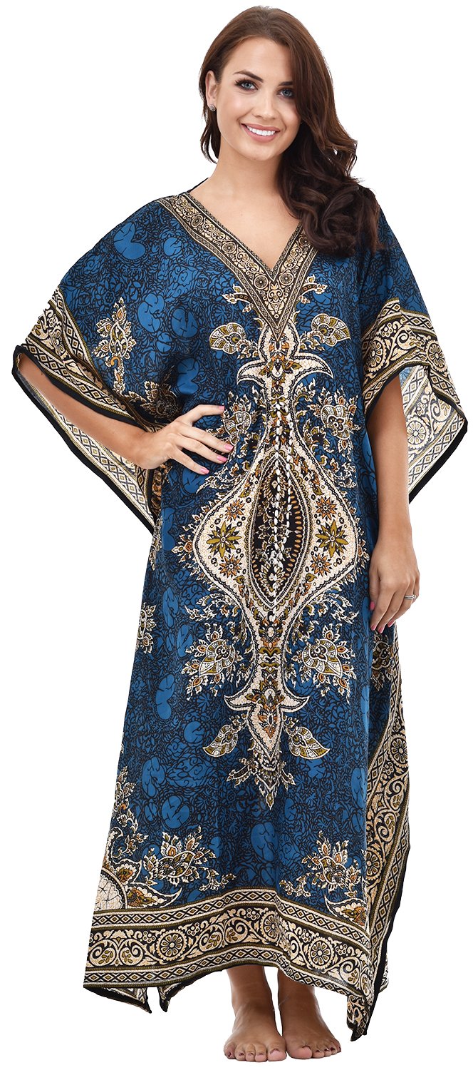 Urban Desi Toronto Women's Long Kaftan Dress - Flowy Printed Maxi Dress with Waist Tie (Petrol Blue) | Beach Cover Up, Summer Vacation Outfit, Boho Chic Loungewear