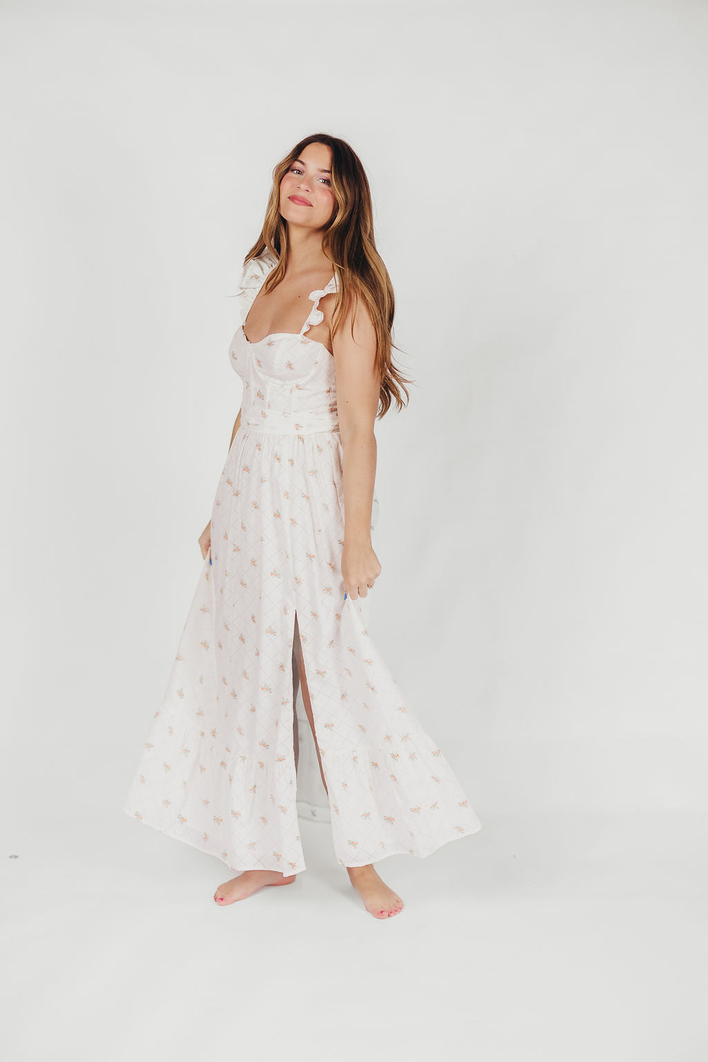 Rosamund Bustier Style Maxi Dress - White & Orange Floral Print, Plus Size (S-XL) | Elegant Summer Wedding Guest Dress, Beach Cover Up & Boho Party Outfit