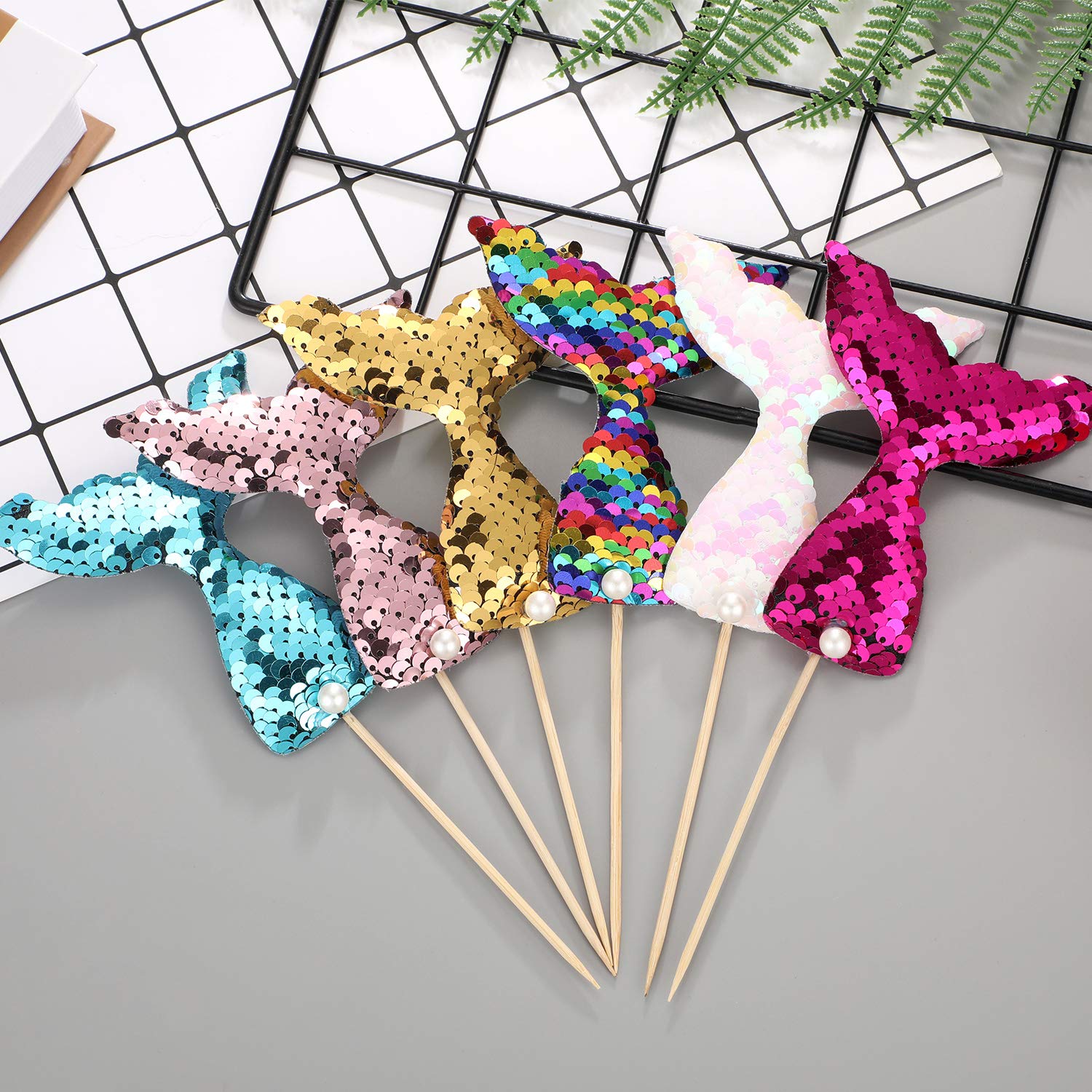 12-Piece Mermaid Cupcake Toppers - Sequin Under the Sea Cake Decorations with Mermaid Tail Toothpicks for Birthday, Wedding & Party Favors - Perfect for Ocean-Themed Celebrations and Dessert Displays