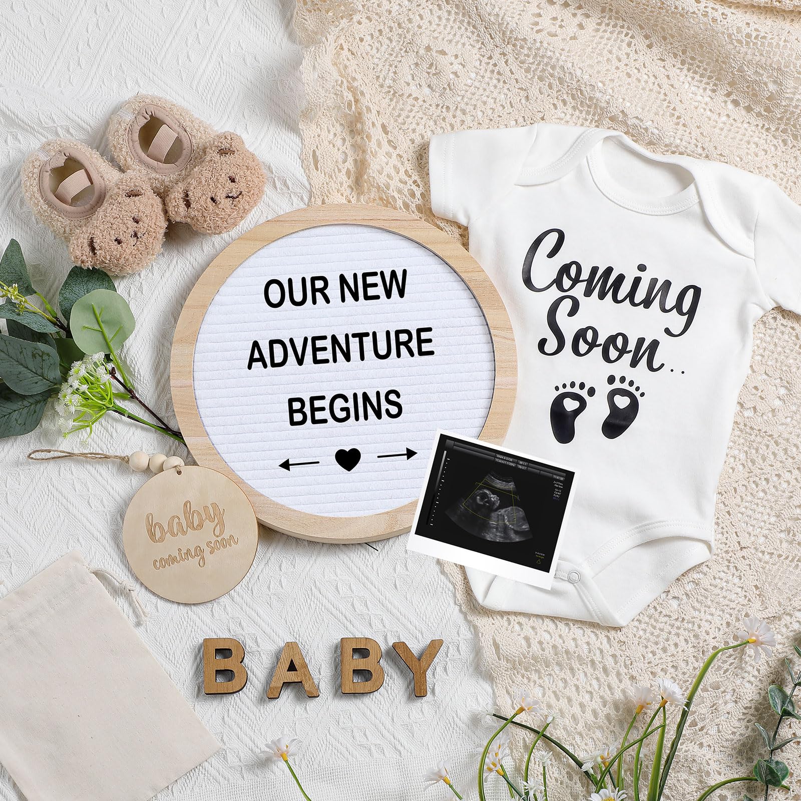 8 Pcs Pregnancy Announcement Set - Felt Letter Round Board Kit, Baby Bodysuit, Booties, Wood Blocks & Wooden Signs for Baby Reveal (White) - Perfect for Gender Reveal Parties, Maternity Photos & Newborn Announcements